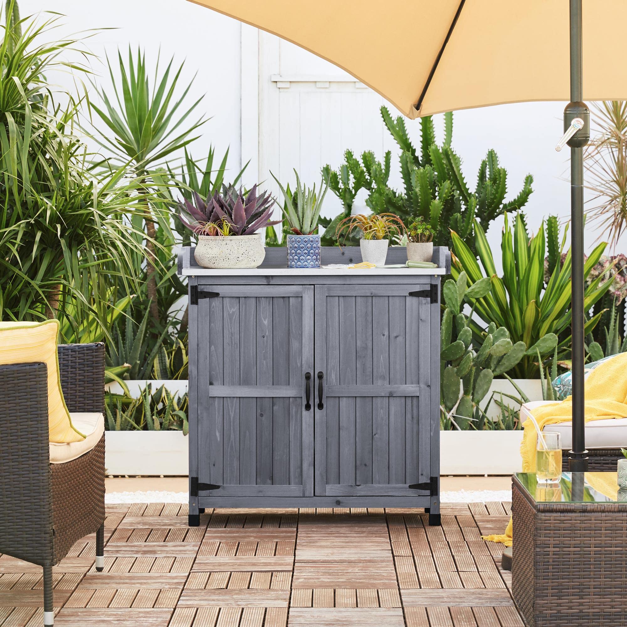 Yaheetech Outdoor Garden Potting Bench Table - Solid Wood Planting Workbench with Large Storage Space & Metal-Plated Tabletop - Gray - Perfect for Gardening, Planting, and Organizing Tools (Indoor/Outdoor Use)