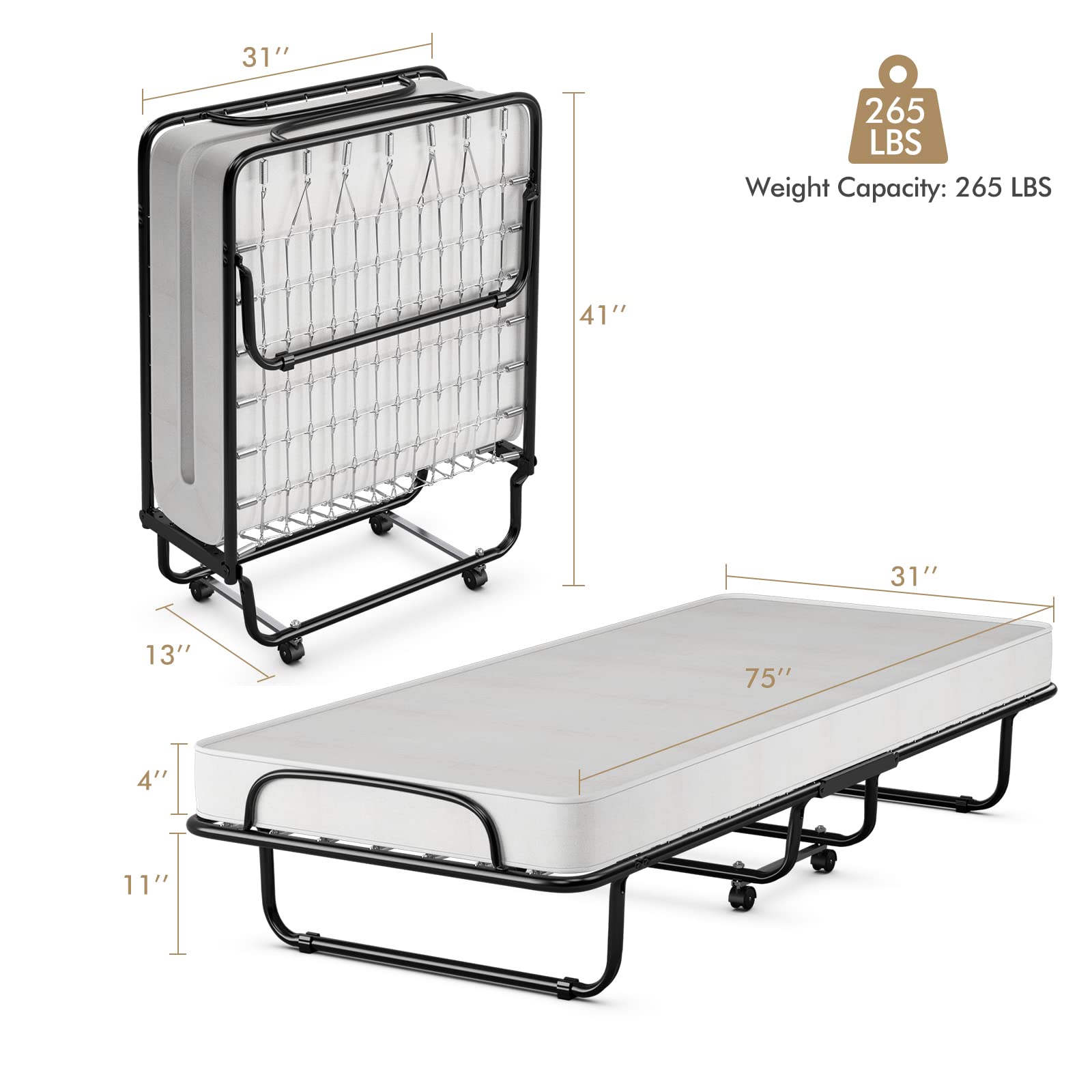 RELAX4LIFE Foldable Guest Bed with Memory Foam Mattress - Sturdy U-Shaped Metal Frame & 4 Universal Wheels | Portable Single Cot for Home, Office & Travel | Easy Storage Space-Saving Design | Made in Italy
