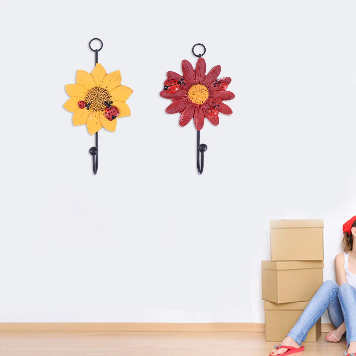 4-Pack Decorative Flower Resin Wrought Iron Wall Hooks - Red, Yellow, White & Purple - Coat Hooks for Garden, Entryway, Bedroom & Bathroom Organization - Rustic Home Decor Hanging Solution for Coats, Hats, Bags & Towels