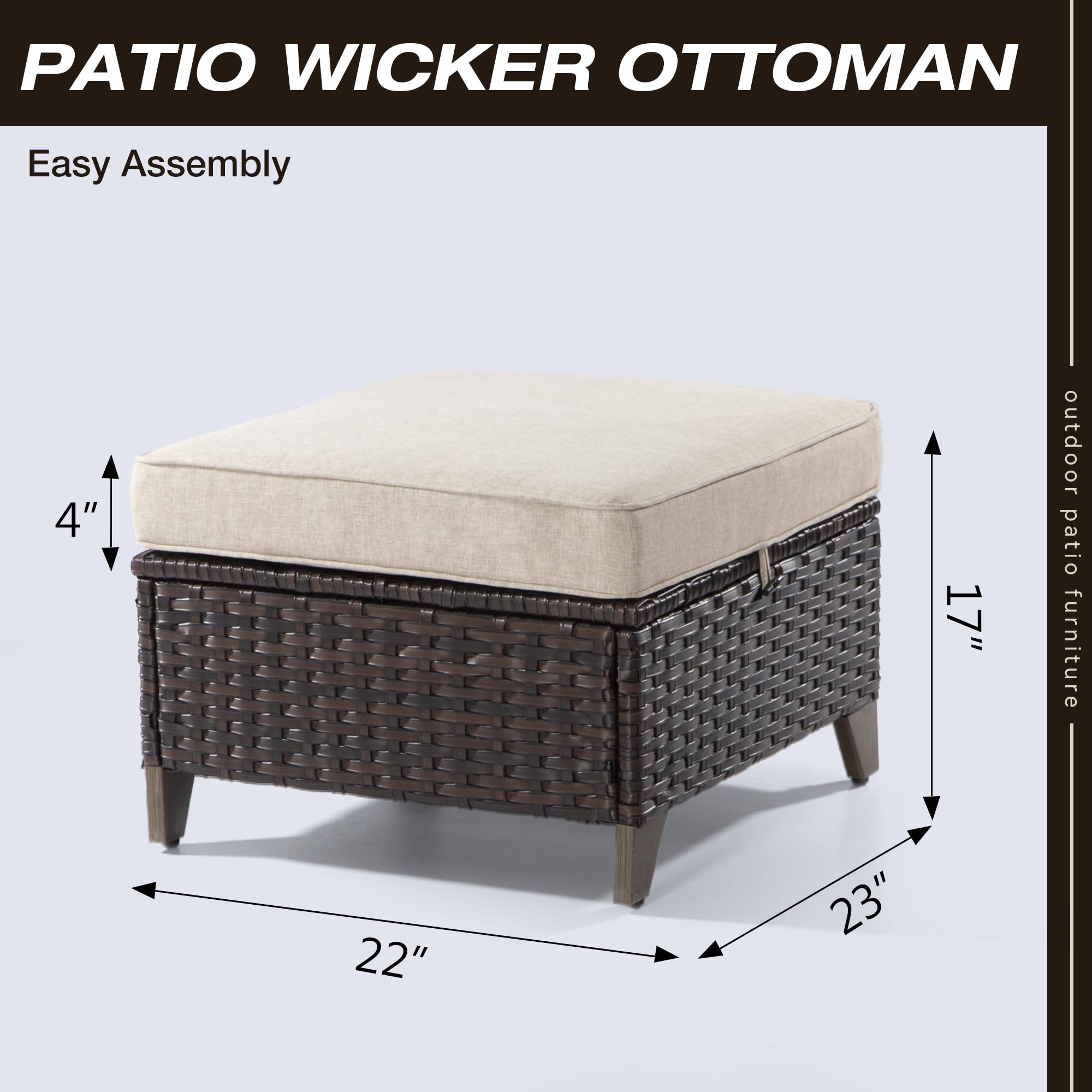 All-Weather Outdoor Rattan Ottoman Set of 2 - Waterproof Patio Footstools with Removable Cushions for Garden, Backyard, Porch (Brown/Beige) - Perfect for Poolside Lounging, Outdoor Entertaining & Relaxation