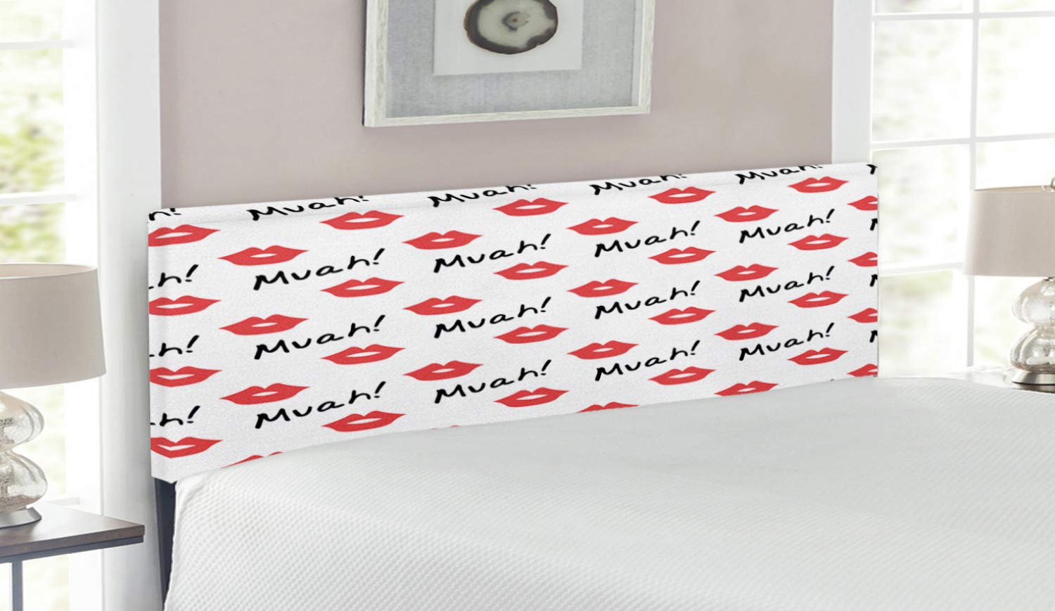 Ambesonne Red Lips Kiss Marks Upholstered Headboard - Queen Size Romantic Feminine Bed Headboard with Memory Foam, Valentine's Day Gift for Couples | Perfect for Master Bedroom, Guest Room & Romantic Decor