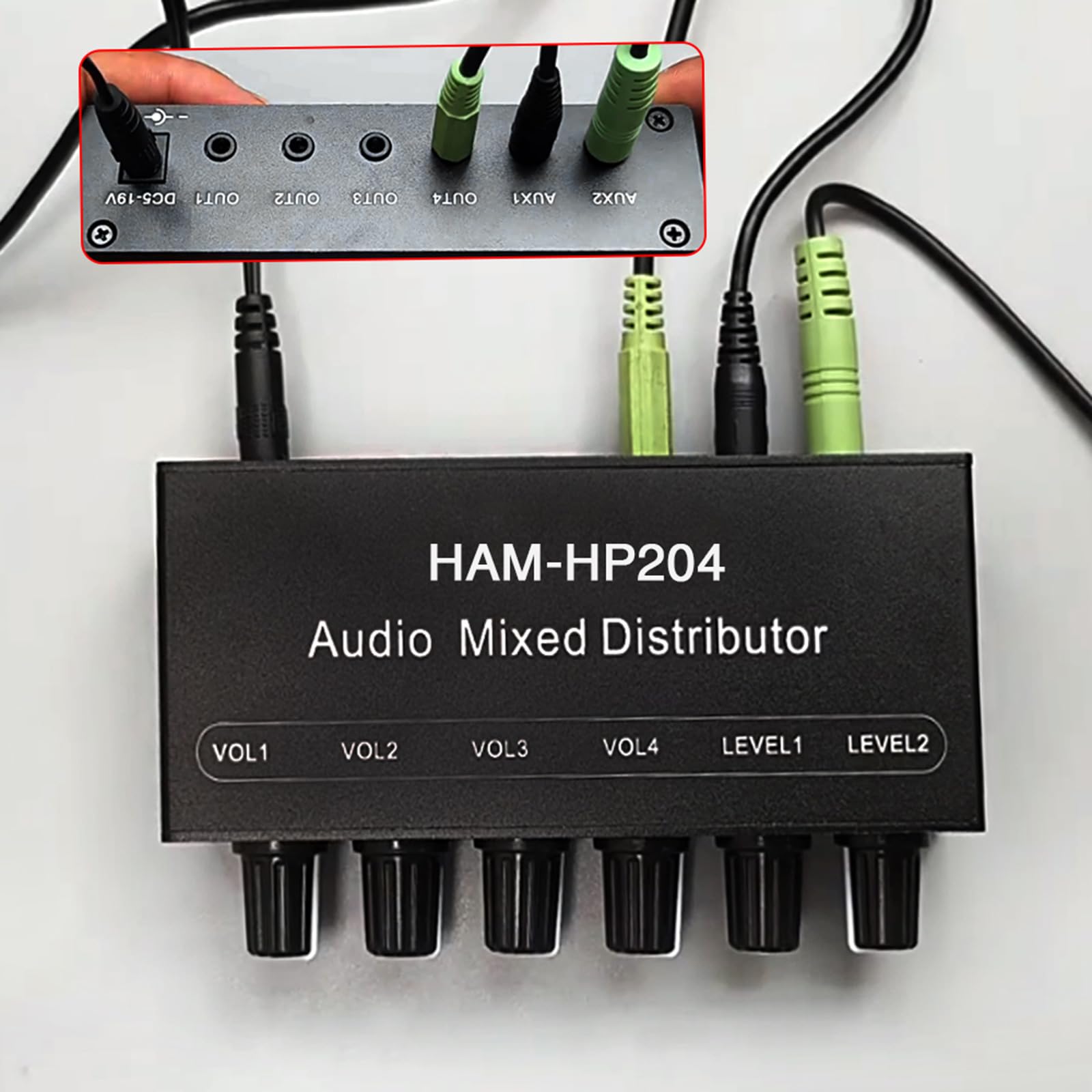 JSGHGDF 2 Input 4 Output 3.5mm Audio Mixer Switch - Stereo Headphone Distribution Box with Individual Volume Control for Home Studio, Gaming & DJ Setup