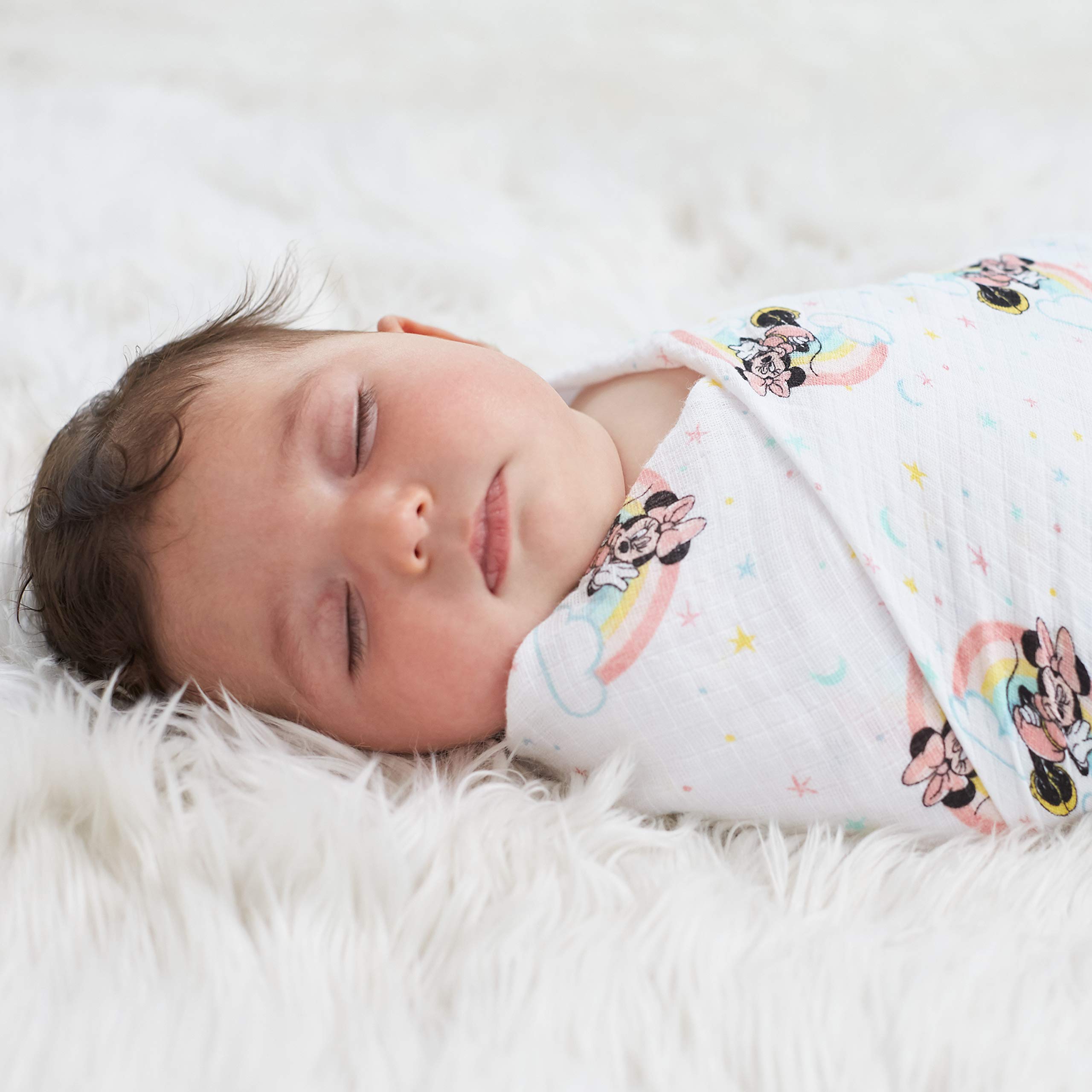 Aden + Anais Muslin Swaddle Blankets for Baby Boys & Girls - 4 Pack Soft Breathable Receiving Blankets, Newborn Swaddling Wraps, Perfect Baby Shower Gift Set with Minnie Mouse Rainbow Design - Ideal for Nursery, Travel & Photo Shoots