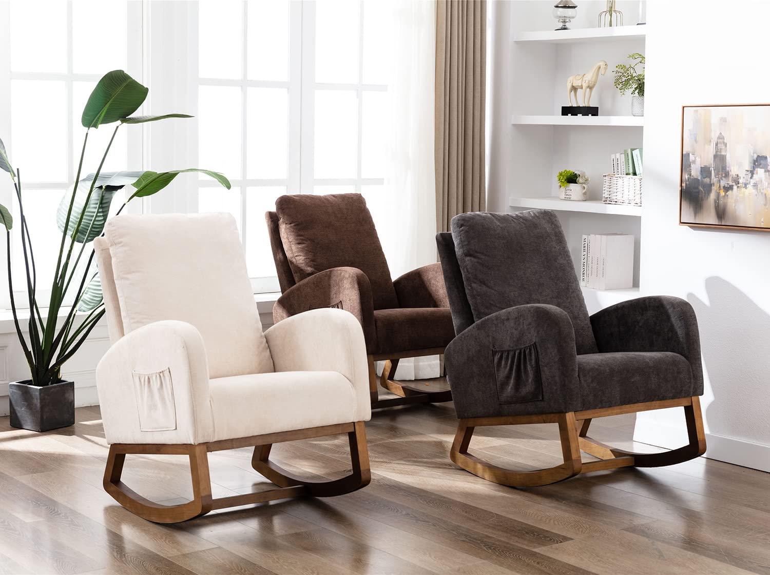 Antetek Modern Upholstered Rocking Chair - Nursery Glider Rocker for Baby & Kids, Comfortable High Back Armchair with Side Pocket - Perfect for Living Room, Nursery, or Bedroom (Coffee)