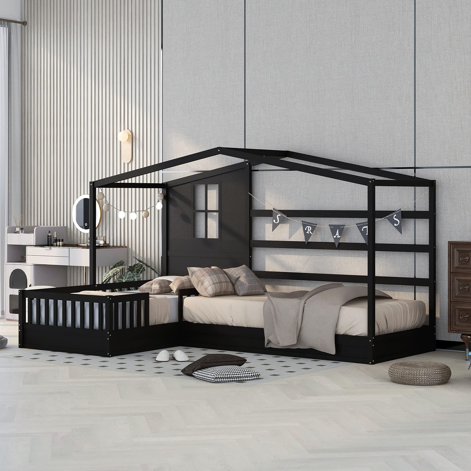 Bellemave L-Shaped Twin Bed Frame with Roof - Solid Wood Corner House Bed for Kids, Espresso Finish - Perfect for Small Spaces & Shared Kids' Rooms