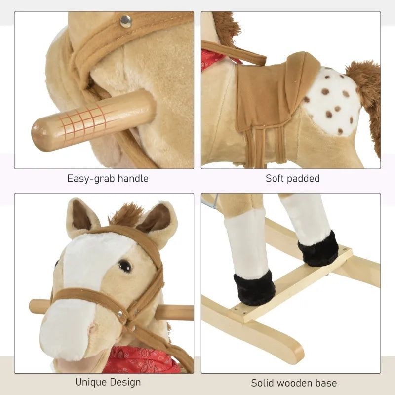 Qaba Kids Plush Ride On Rocking Horse Toy with Realistic Sounds - Soft Rocker for Toddlers 1-3 Years | Cowboy Themed Nursery Decor & Pretend Play Gift