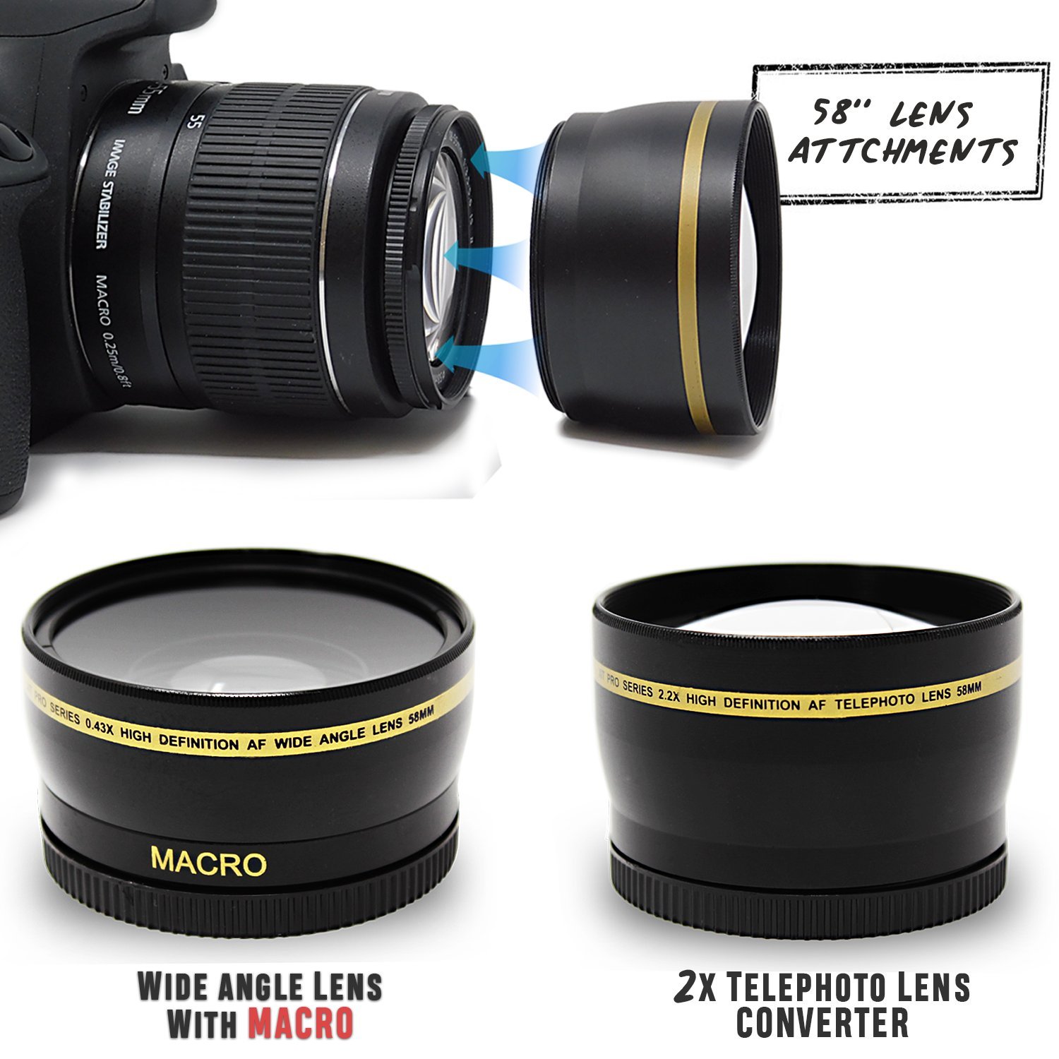 Canon 58mm Lens Accessory Kit - Compatible with EOS 90D, 80D, 77D, 70D, Rebel T7i, T6i, T6S, T5i, T4i, T3i, T2i, XTi, XT, SL1, XSi, EOS M, M2, 760D, 700D, 650D, 600D, 550D, 60D, 6D, 5D, 7D - Includes Lens Hood, Cap & Cleaning Kit - Perfect for Photography, Travel & Professional Shoots