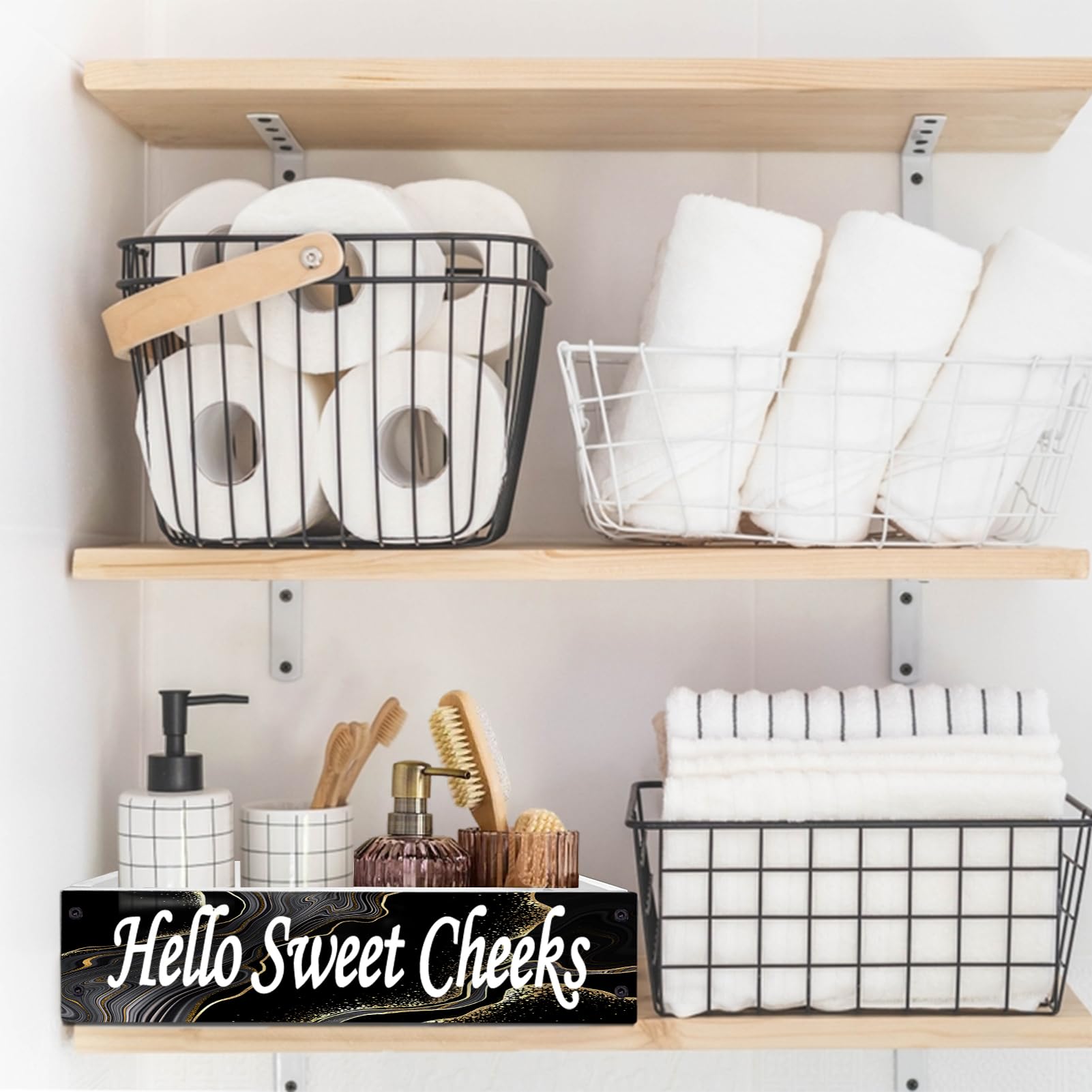 Lnond Rustic Bathroom Decor Box - Wooden Toilet Tank Tray Storage Basket with Handle, Black Gold Marble Design - Perfect for Bathroom Organization & Hello Sweet Cheeks Themed Decor