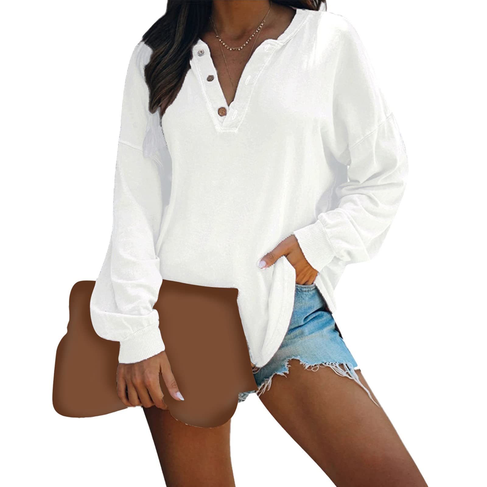 CHARMAP Women's Long Sleeve V-Neck Button Down Casual Henley Tunic Top - Soft Loose Fit T-Shirt for Women | Perfect for Everyday Wear, Layering & Casual Outings
