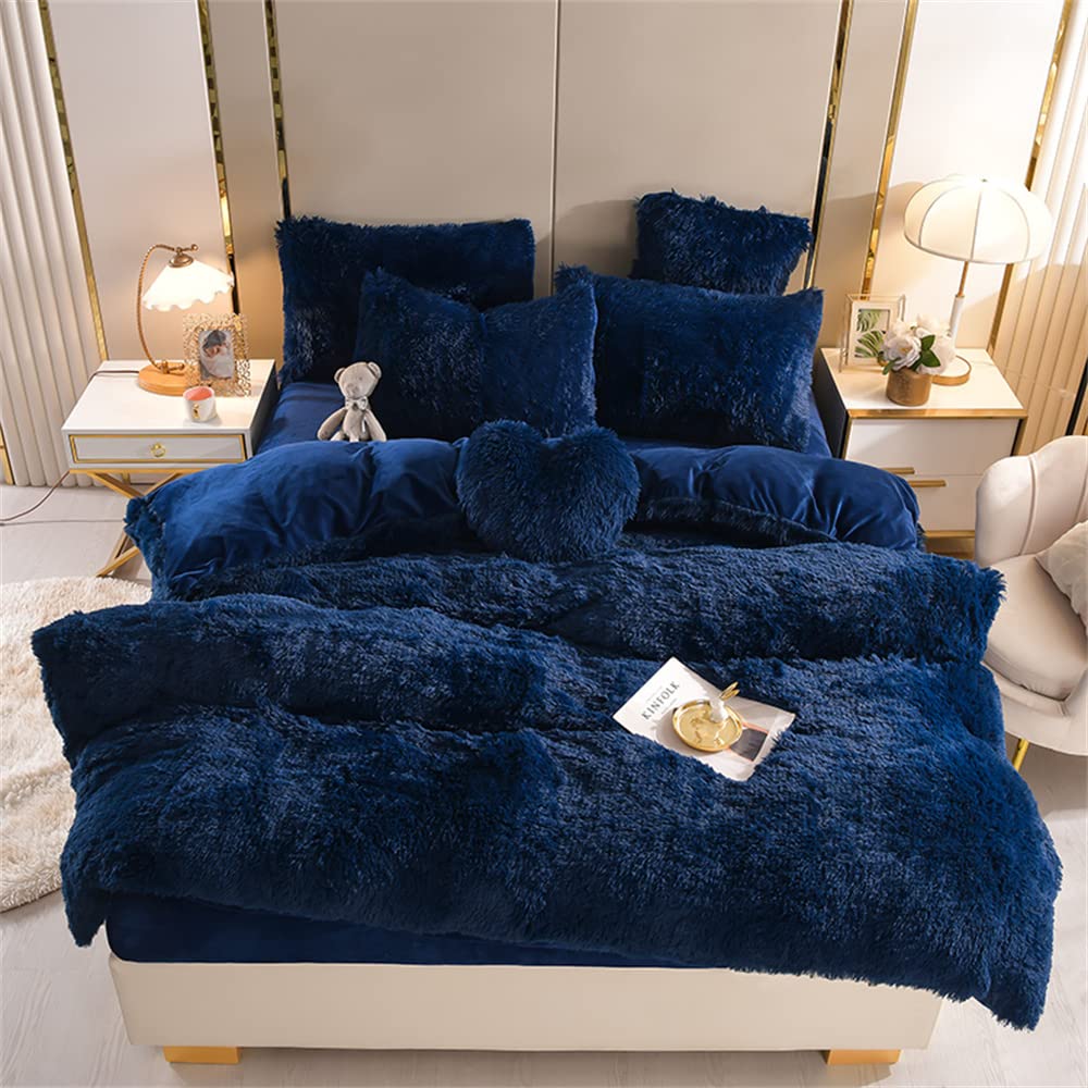 Gusuhome 5-Piece Shaggy Plush Duvet Cover Set - Ultra Soft Fuzzy Flannel Bedding with Zipper Closure, Full Size Dark Blue - Luxury Faux Fur Comforter Cover for Cozy Bedroom & Guest Room Decor