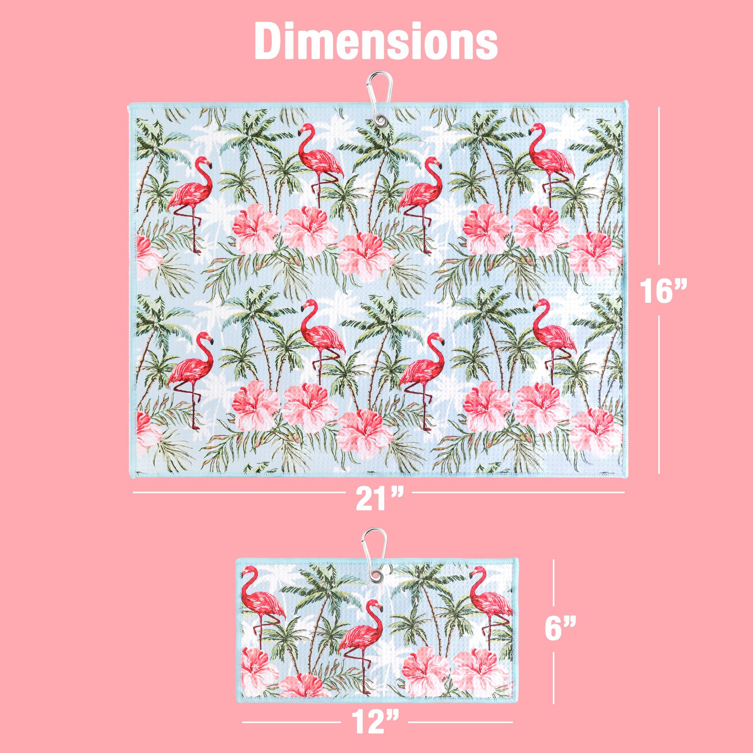 Premium Golf Towel Set of 2 - Microfiber Waffle & Ball Towels for Golf Bags - Best Golf Accessories for Men & Women - Ideal Golf Gifts - Flamingo Palm Tree Design - Perfect for Course Play, Practice & Club Storage
