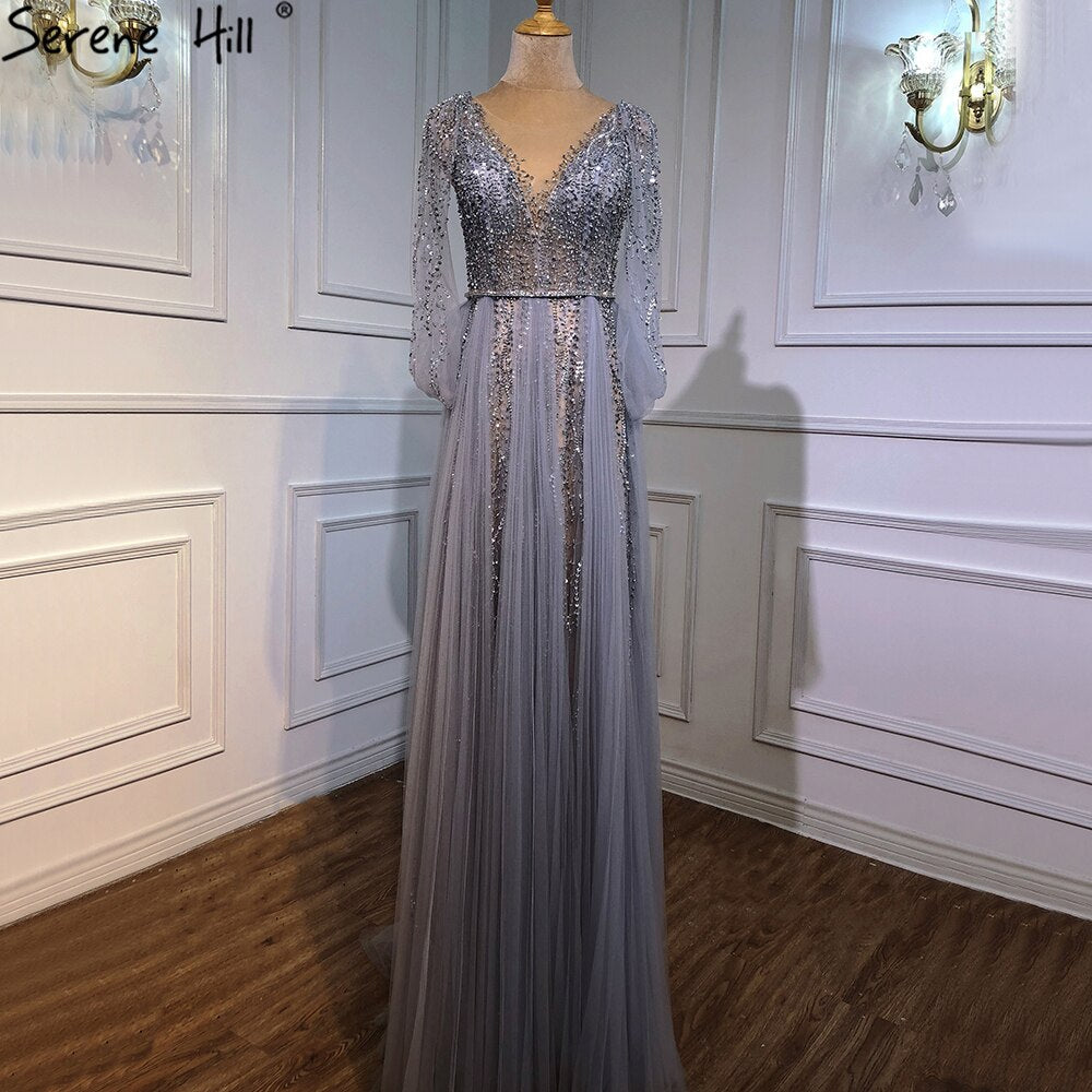 Elegant Grey A-Line Evening Dress with Diamond Beading for Women - Luxury Party Gown for Formal Events, Prom, Wedding Guest & Special Occasions