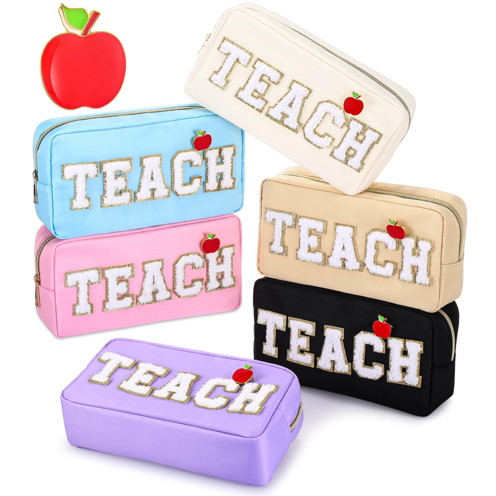 6 Pcs Teacher Appreciation Gift Set - Chenille Letter Bag & Apple Pins for School, Retirement, Birthday
