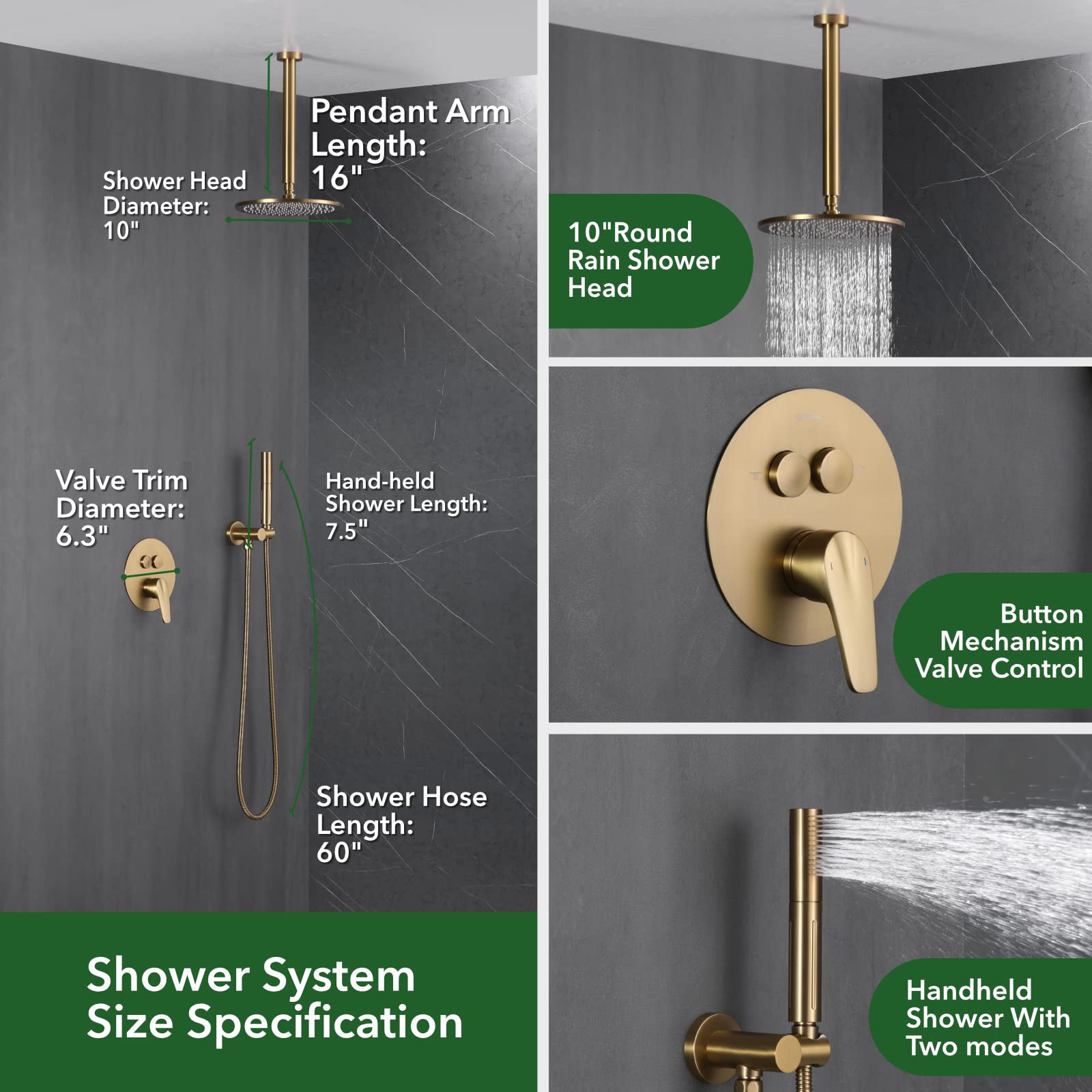 VANFOXLE Brushed Gold Shower Faucet Set with 2-in-1 Handheld Shower Head - 10 Inch Ceiling Mounted Shower System with Push Button Diverter (Includes Rough-in Valve Body & Trim) - Perfect for Modern Bathroom Renovations and Luxury Spa Experience