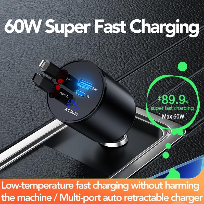 4-in-1 60W Super Fast Retractable Car Charger with 2 USB Ports & 2 Retractable Cables - Compatible with iPhone 16/15/14/13/12/11, AirPods 4, Galaxy & Pixel - Perfect for Road Trips & Daily Commutes