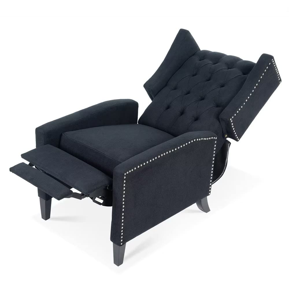 Modern Wingback Pushback Recliner Chair - Linen Upholstered Manual Recliner with Button Tufted Back, Nailhead Trim & Adjustable Backrest/Footrest - Single Sofa for Living Room, Home Theater & Relaxation (Black)