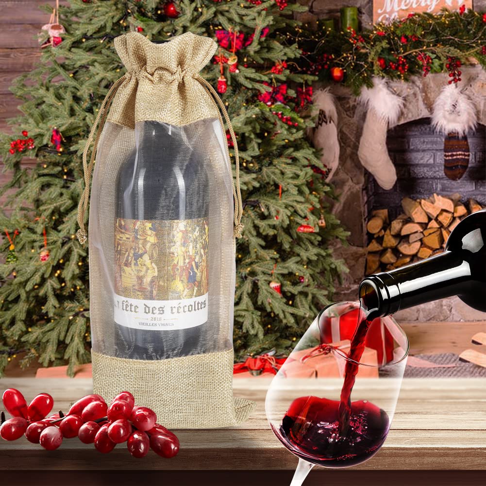 10pcs Burlap Wine Bags with Sheer Window - Hessian Cloth Drawstring Bottle Gift Bags for Christmas, Wedding, Party Favors | Perfect for Holiday Gifting, Wine Bottle Packaging & Special Occasion Presents