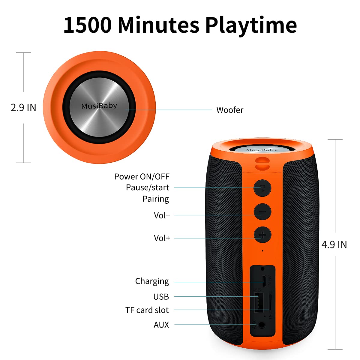 MusiBaby Bluetooth Speaker - Wireless, Waterproof, Portable with Stereo Sound & Booming Bass, Bluetooth 5.0, 24H Playtime, Dual Pairing, Ideal for Home, Party, Travel, Outdoor Adventures, and Gifting - Orange