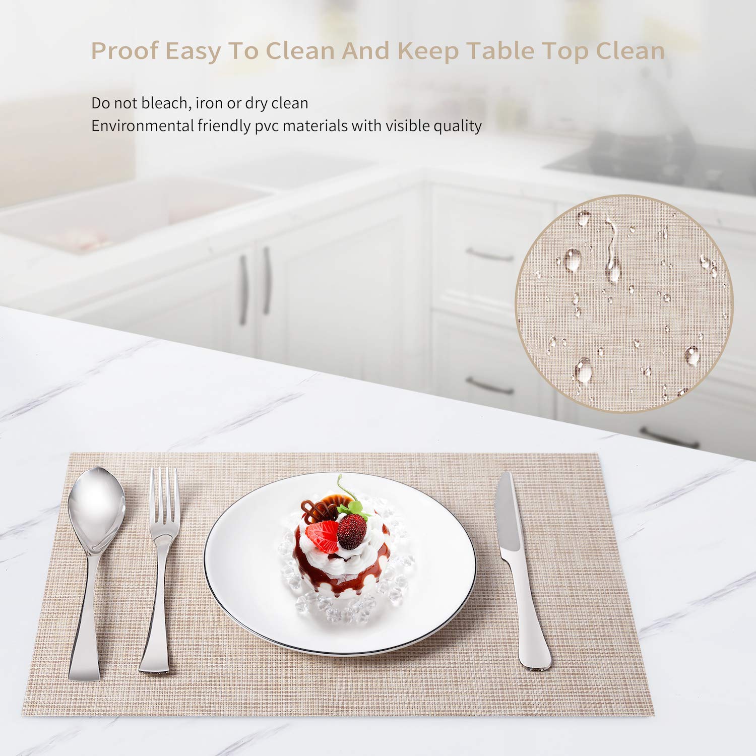 SENDAY Heat-Resistant & Stain-Resistant PVC Placemats Set of 8 - Non-Slip Woven Vinyl Table Mats for Kitchen Dining, Washable & Durable Beige Placemats - Perfect for Everyday Meals, Dinner Parties & Home Decor