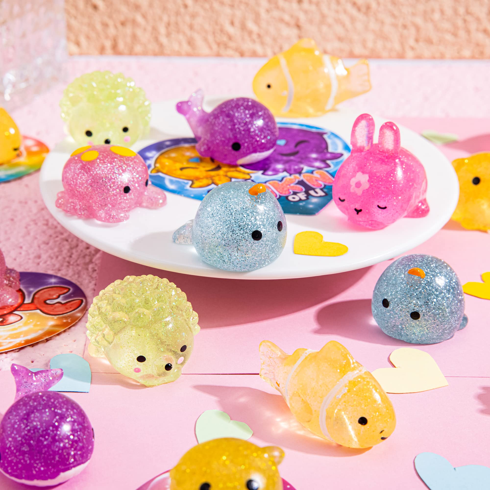 JOYIN 28 Pcs Glitter Mochi Squishy Toys - Cute Sea Animal Stress Relief Fidget Toys for Kids, Party Favors & Classroom Prizes | Sensory Play, Anxiety Relief & Fun Exchange Gifts