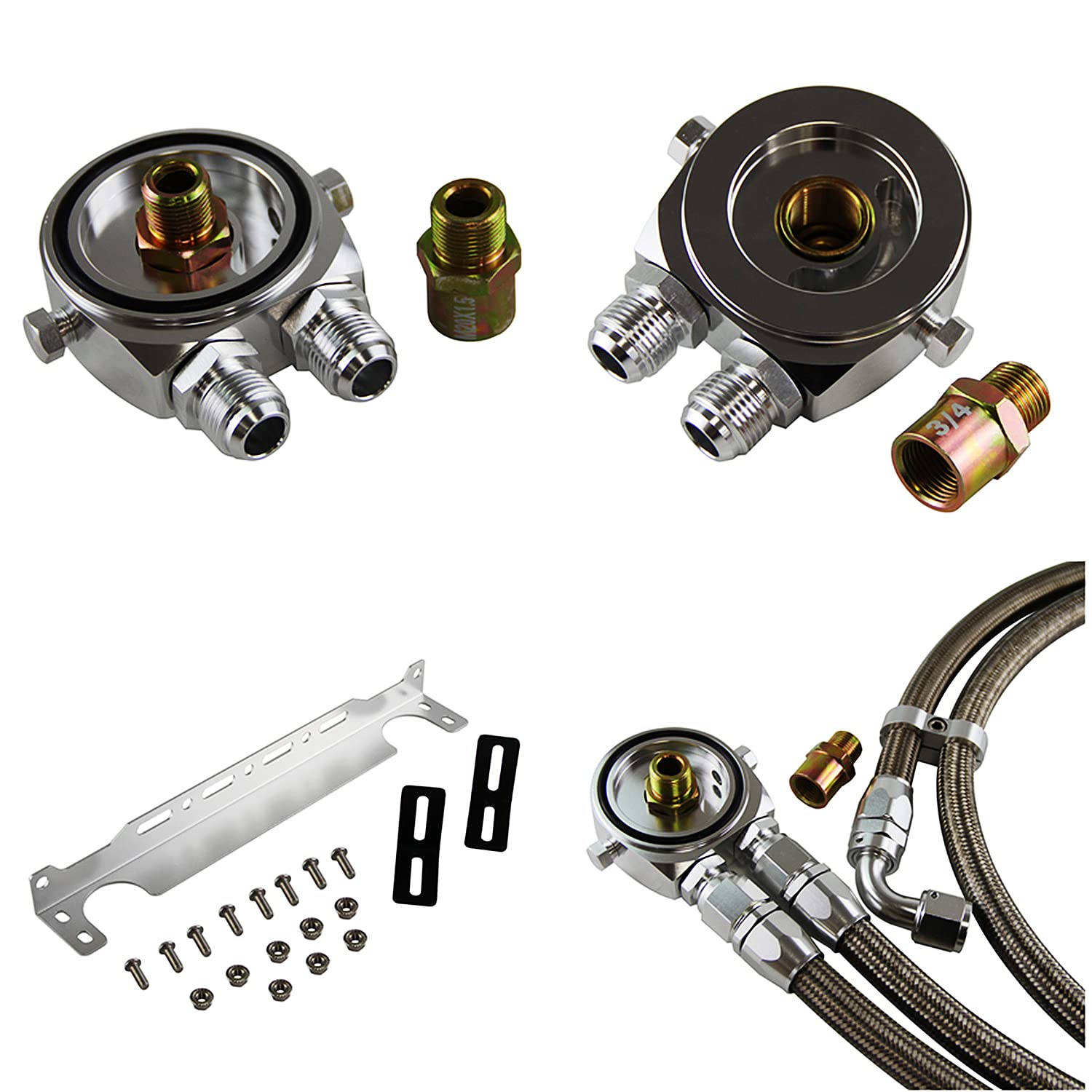 Universal AN10 19-Row Aluminum Engine Transmission Oil Cooler Kit with Bracket & Adapter Hose (34X16 & M20X1.5) - Silver - Perfect for Racing, Off-Road & High-Performance Vehicles