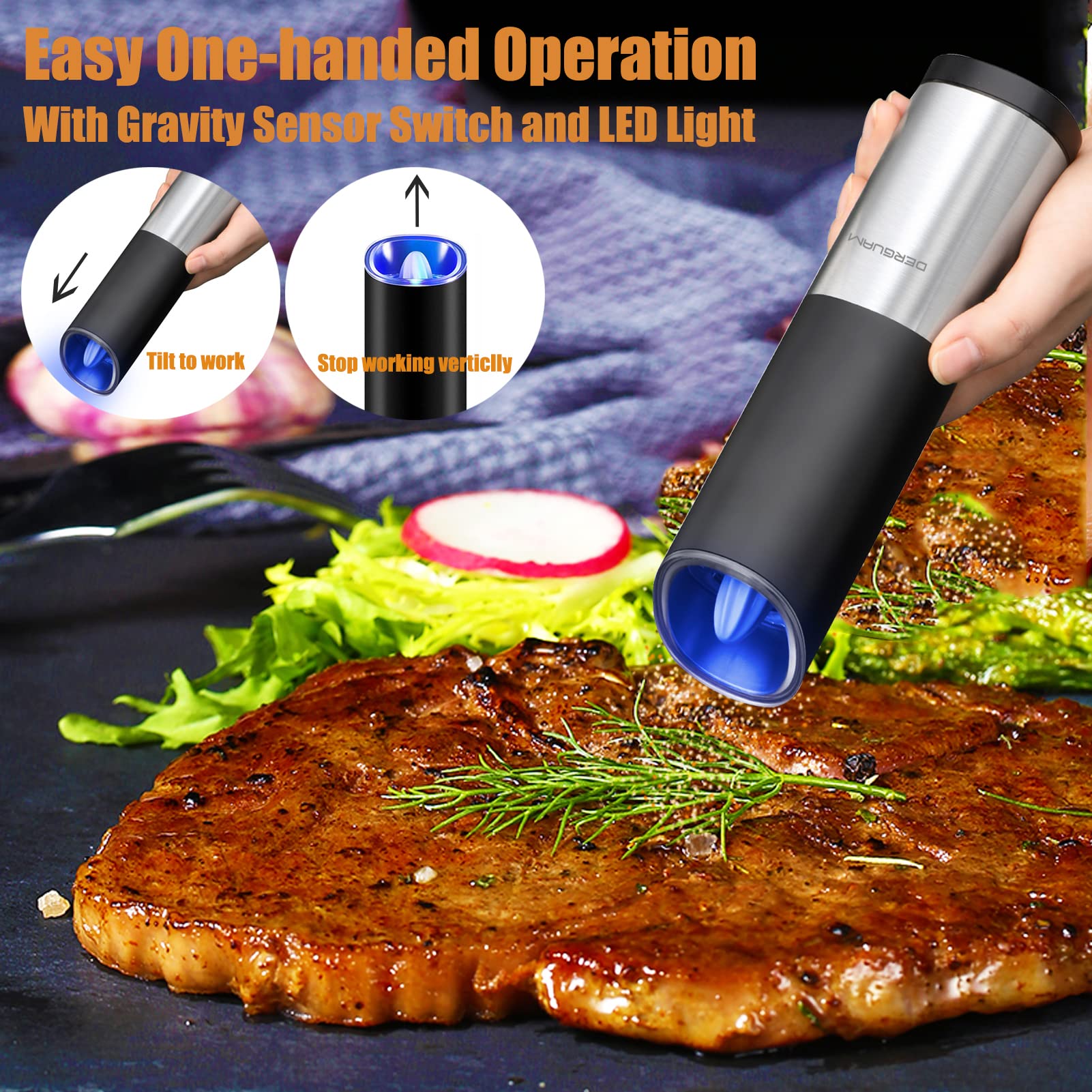Premium Gravity Electric Salt and Pepper Grinder Set - Stainless Steel Automatic Mill with Adjustable Coarseness & LED Blue Light - Battery Powered for Kitchen, Dining Table & Outdoor BBQ