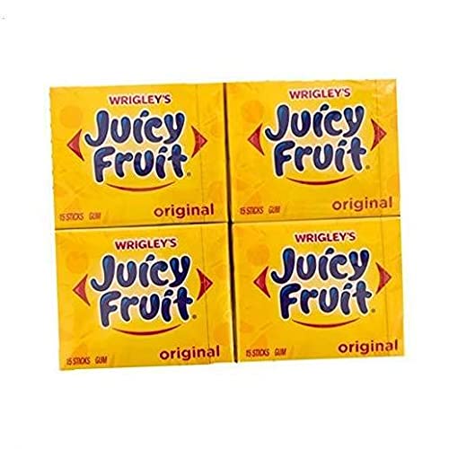 Wrigley's Juicy Fruit Original Chewing Gum - 15 Sticks per Pack, 4 Packs (60 Sticks Total) - Fresh & Fruity Flavor for On-the-Go, Office, or Travel Snacking