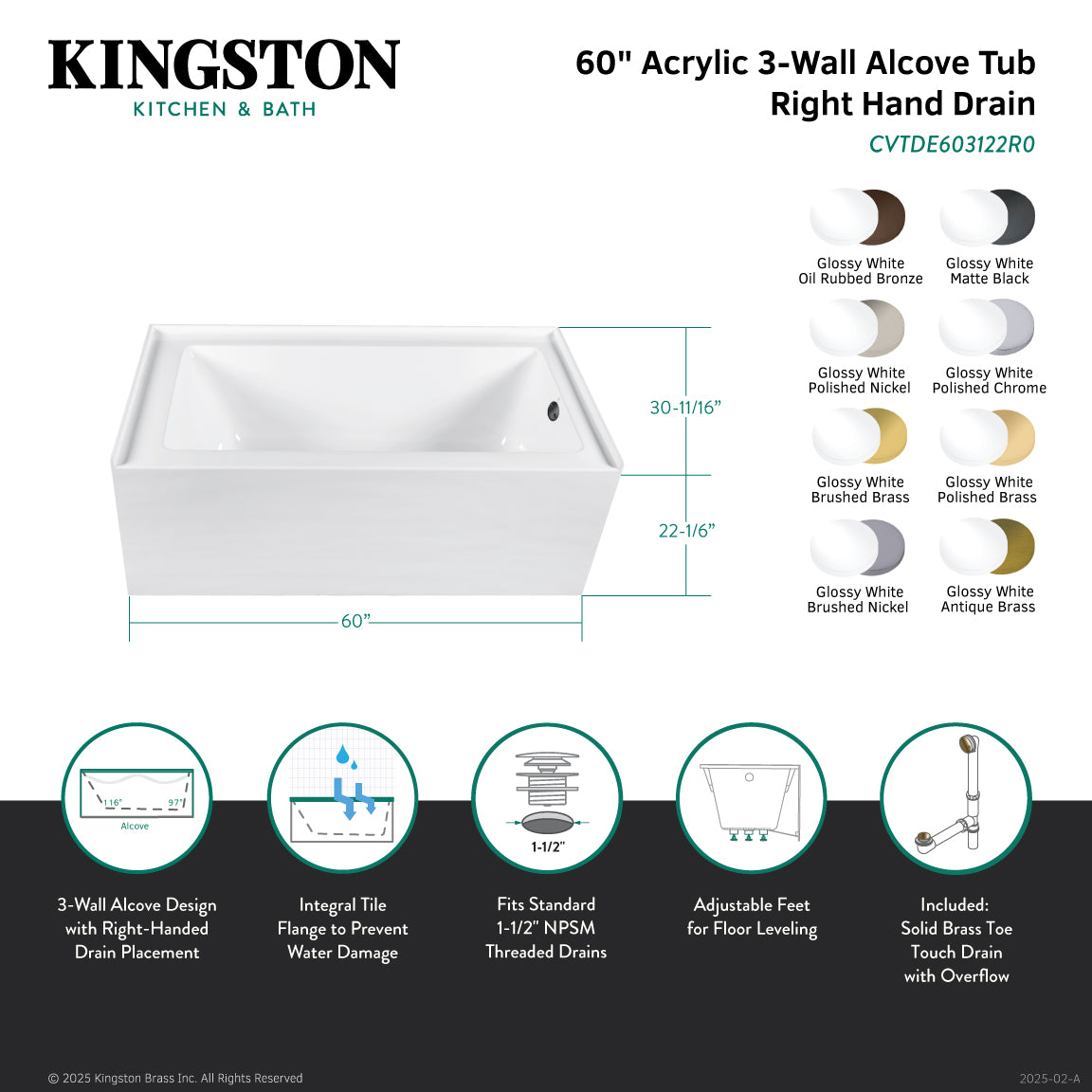 Aqua Eden 60 Inch Acrylic Rectangular 3 Wall Alcove Bathtub - Right Hand Drain, Glossy White with Polished Chrome Finish | Perfect for Modern Bathroom Renovations & Spa-Like Retreats