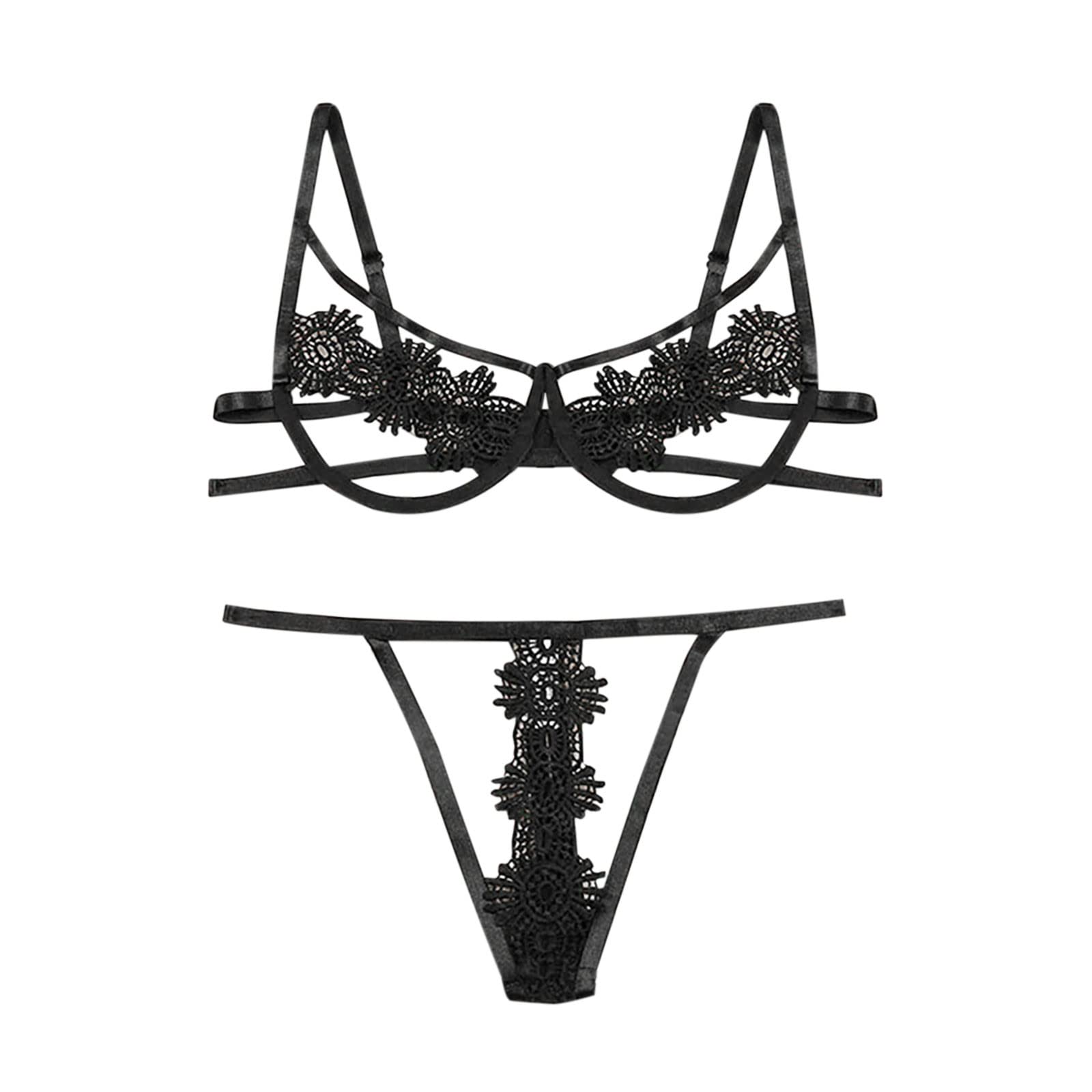 Sexy Hollow Out Lingerie Set for Women - Half Cup Bra & Panty Set with Solid Nightgown - Comfortable Pajamas for Sleepwear, Date Night & Romantic Occasions