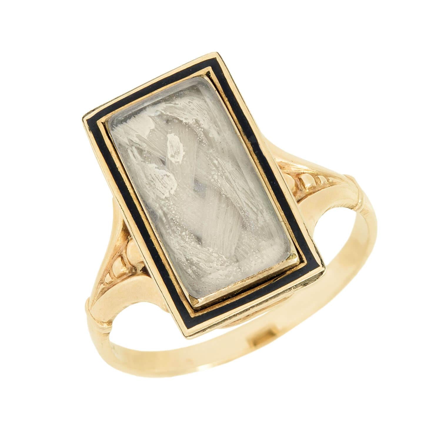 Victorian 14K Gold Enamel & Woven Hair Mourning Ring - Antique Jewelry for Collectors, Historical Reenactment & Gothic Fashion Accessory