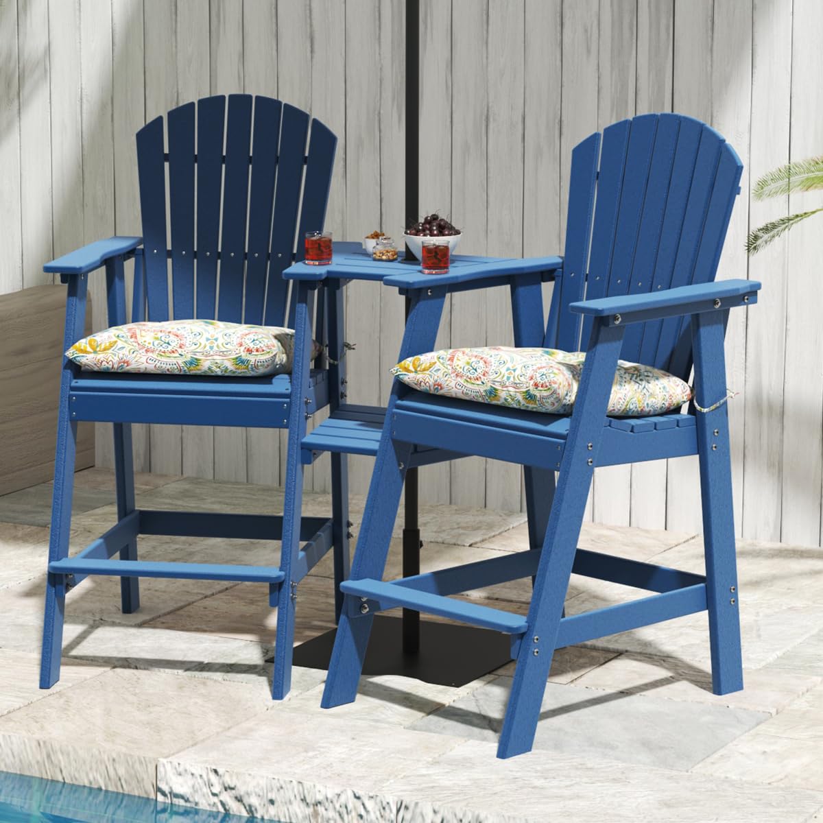 Sundale Outdoor 3-Piece Adirondack Bar Set with Patio Umbrella Table & 2 Counter-Height Bar Chairs - Navy Blue HDPE Pub Table & Stools w/ 2 Umbrella Hole Caps | Perfect for Backyard, Deck, Poolside & Outdoor Dining