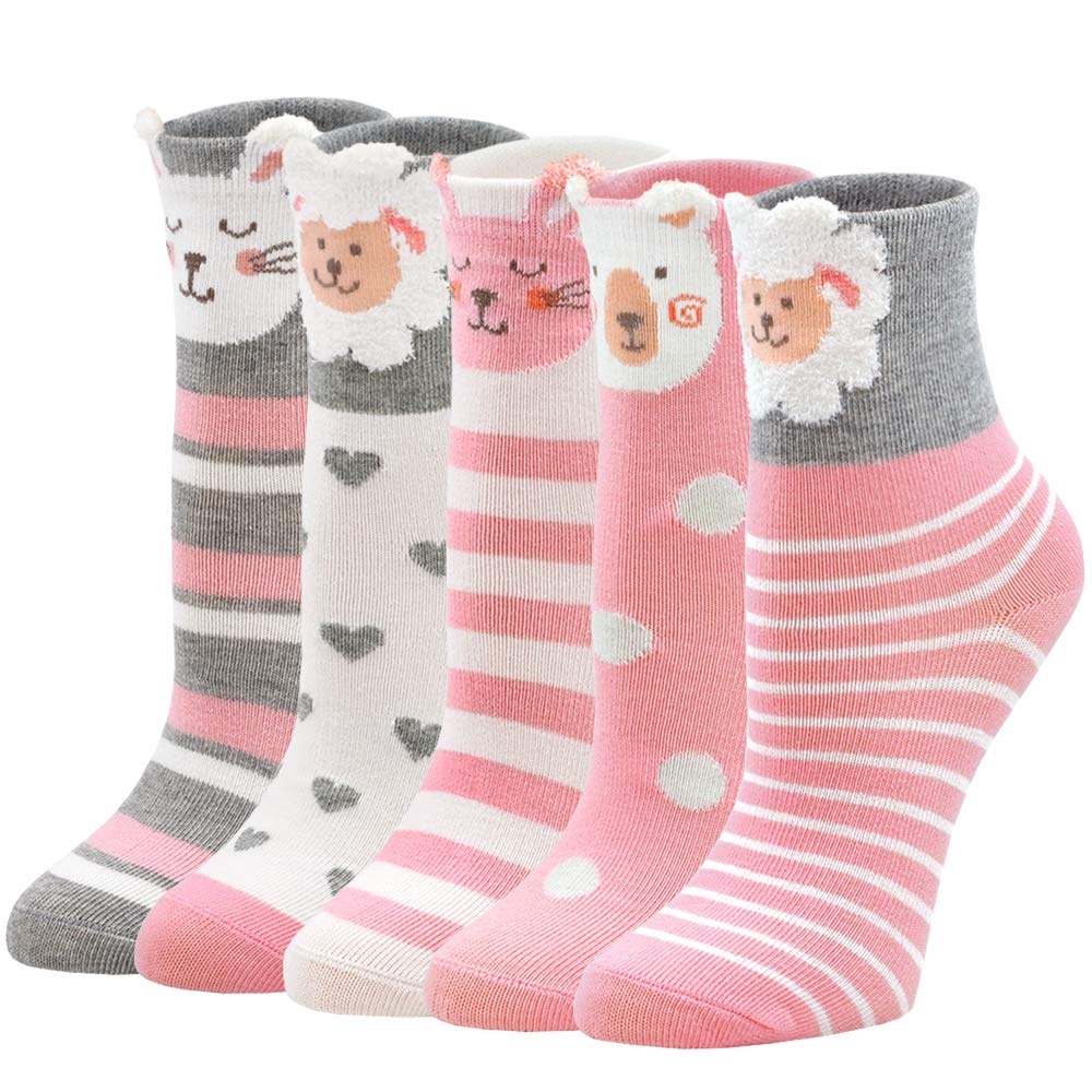 ZAKASA Cute Animal Print Cotton Ankle Socks for Girls & Toddlers - 5 Pairs Pack - Fun Cat Pattern Kids Socks for School, Play & Everyday Wear