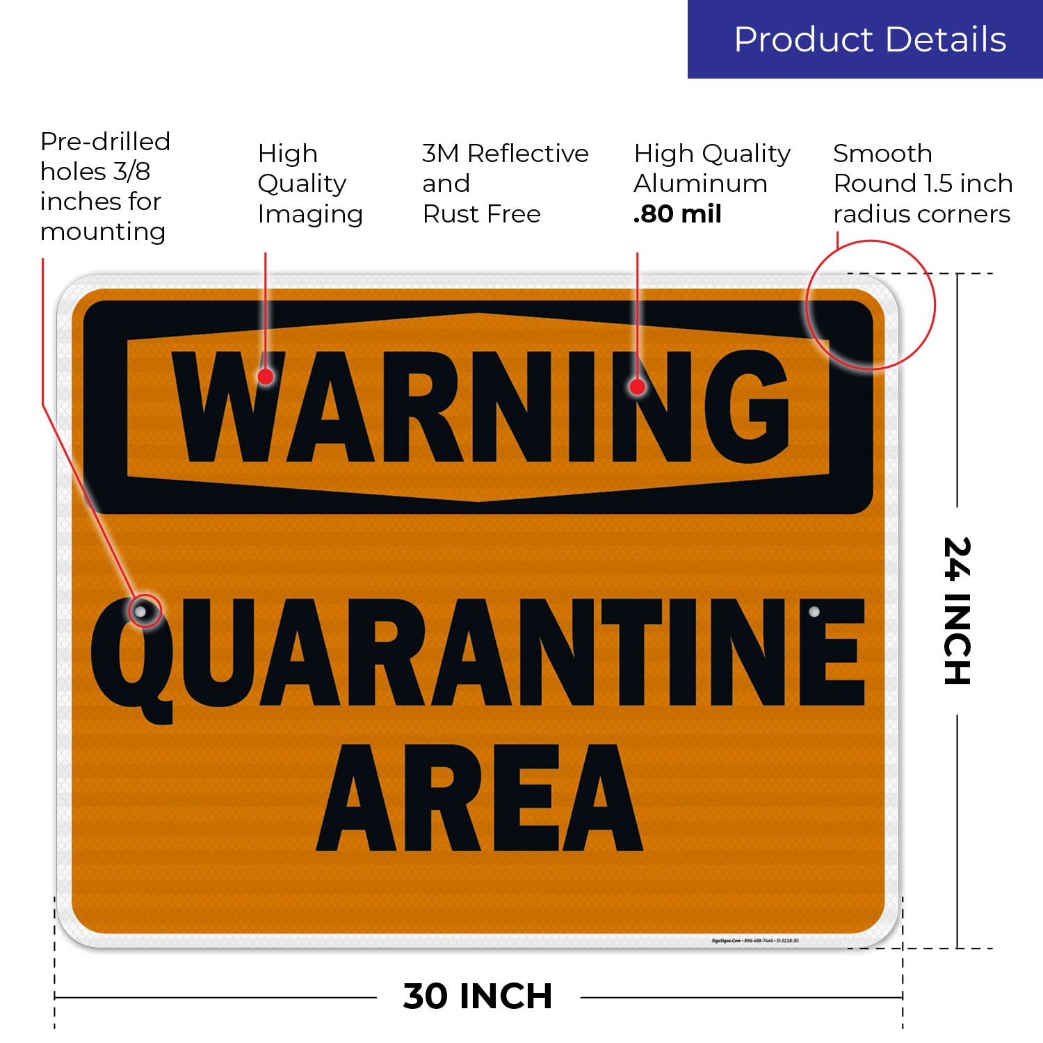 3M EGP Reflective .080 Aluminum Warning Quarantine Area Sign - 24x30 Inches, Fade Resistant, Made in USA - Ideal for Hospitals, Construction Sites & Emergency Zones