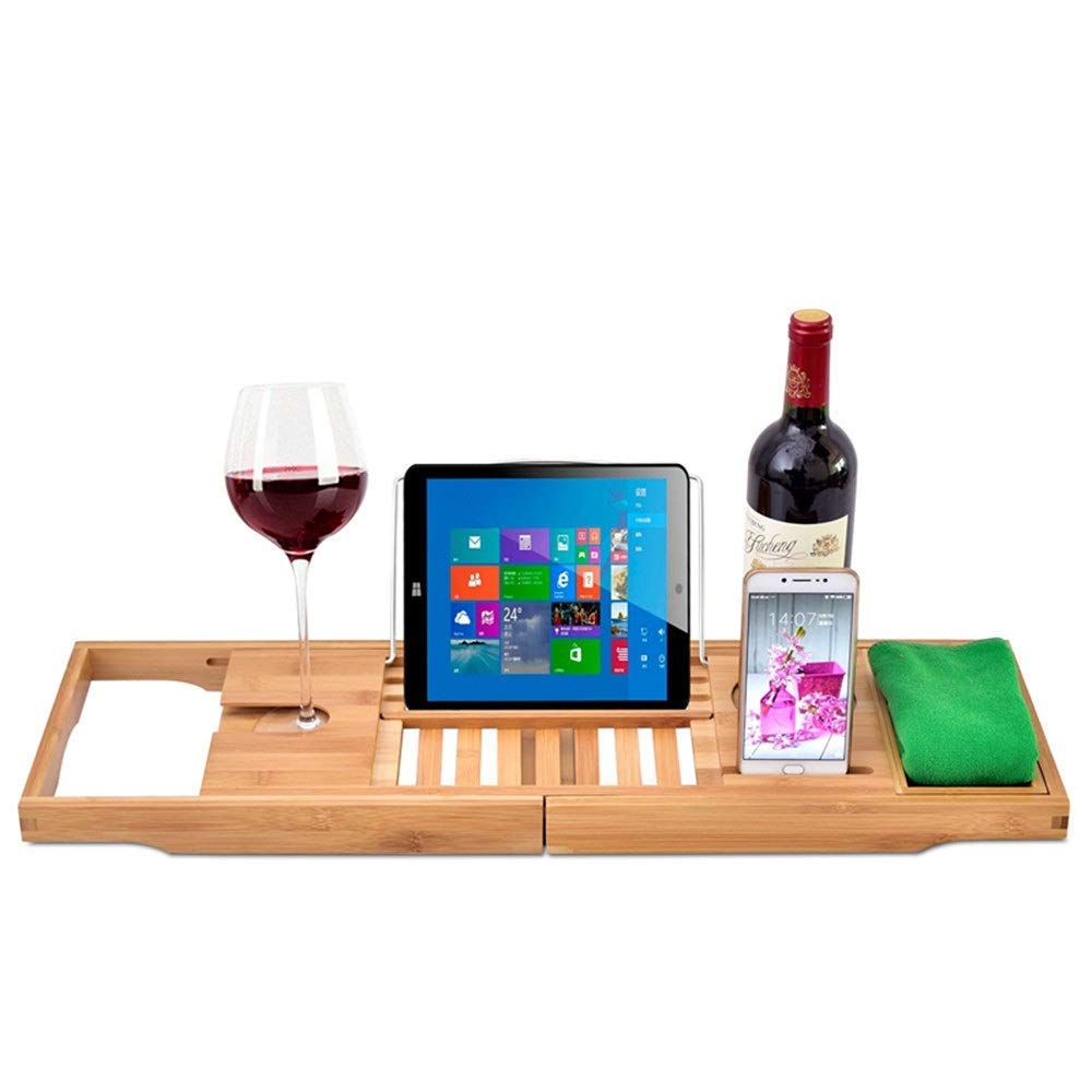 Premium Bamboo Bathtub Tray with Extendable Sides - Built-in Book/Tablet Holder, Phone Stand, Wine Glass & Towel Rack - Spa Bath Relaxation Accessory for Reading, Wine & Skincare in Tub