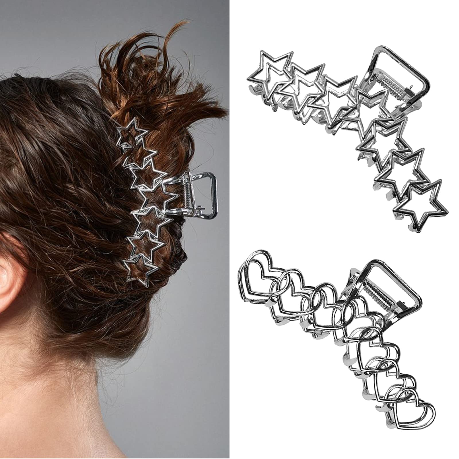 2PCS Y2K Metal Hair Claw Clips - Star & Heart Hair Clips for Women, Non-Slip Design for Thick & Thin Hair, Silver Large Hair Accessories for Women & Girls | Perfect for Parties, Weddings & Everyday Styling