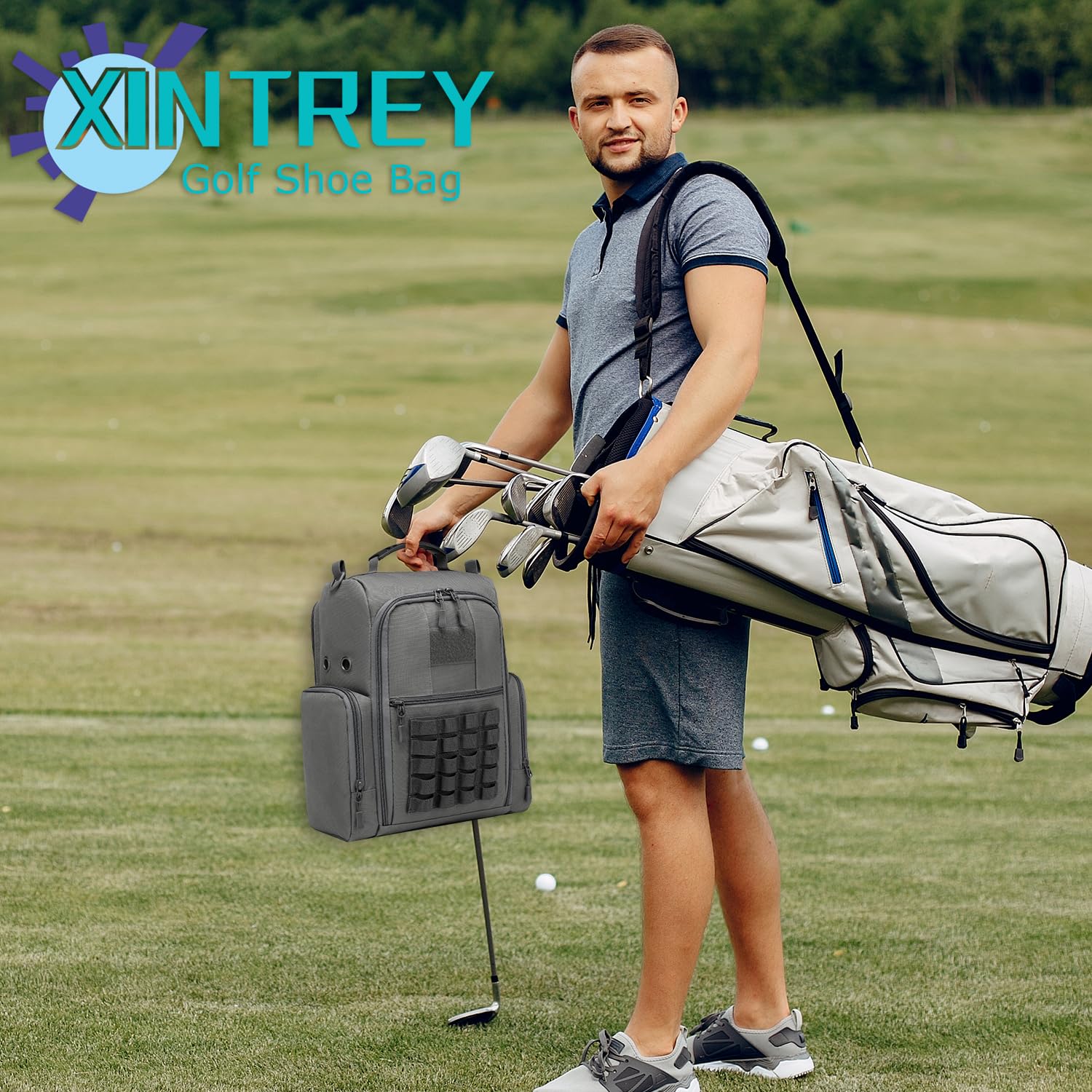 Breathable Golf Shoe Bag with Multiple Exterior Pockets for Golf Accessories Storage - Light Gray | Perfect for Golf Course, Travel & Club Organization
