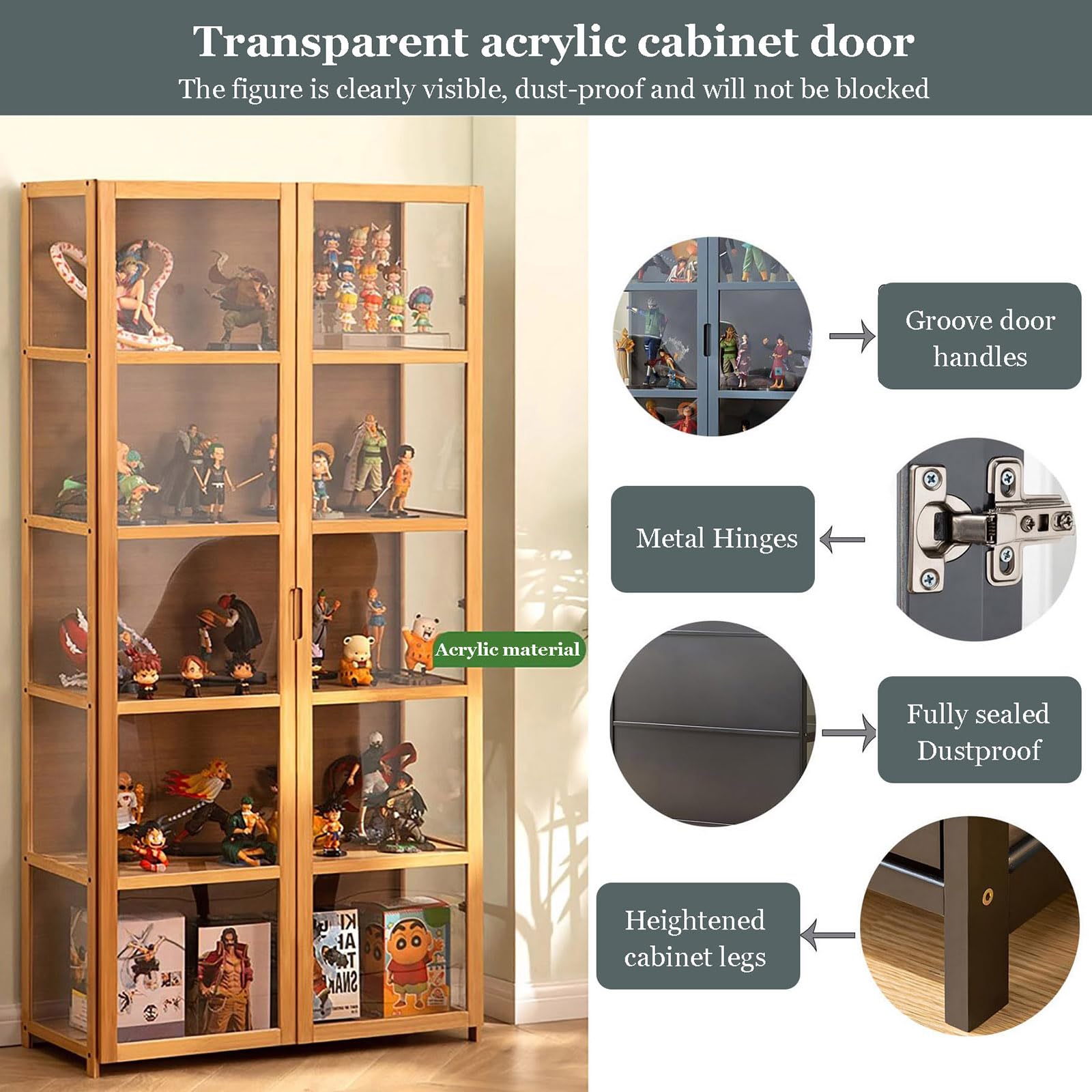 5-Tier Curio Display Cabinet with Clear Acrylic Doors - Transparent Bamboo Floor Standing Bookcase for Collectibles, Figures & Books | Perfect for Living Room, Office or Game Room Decor