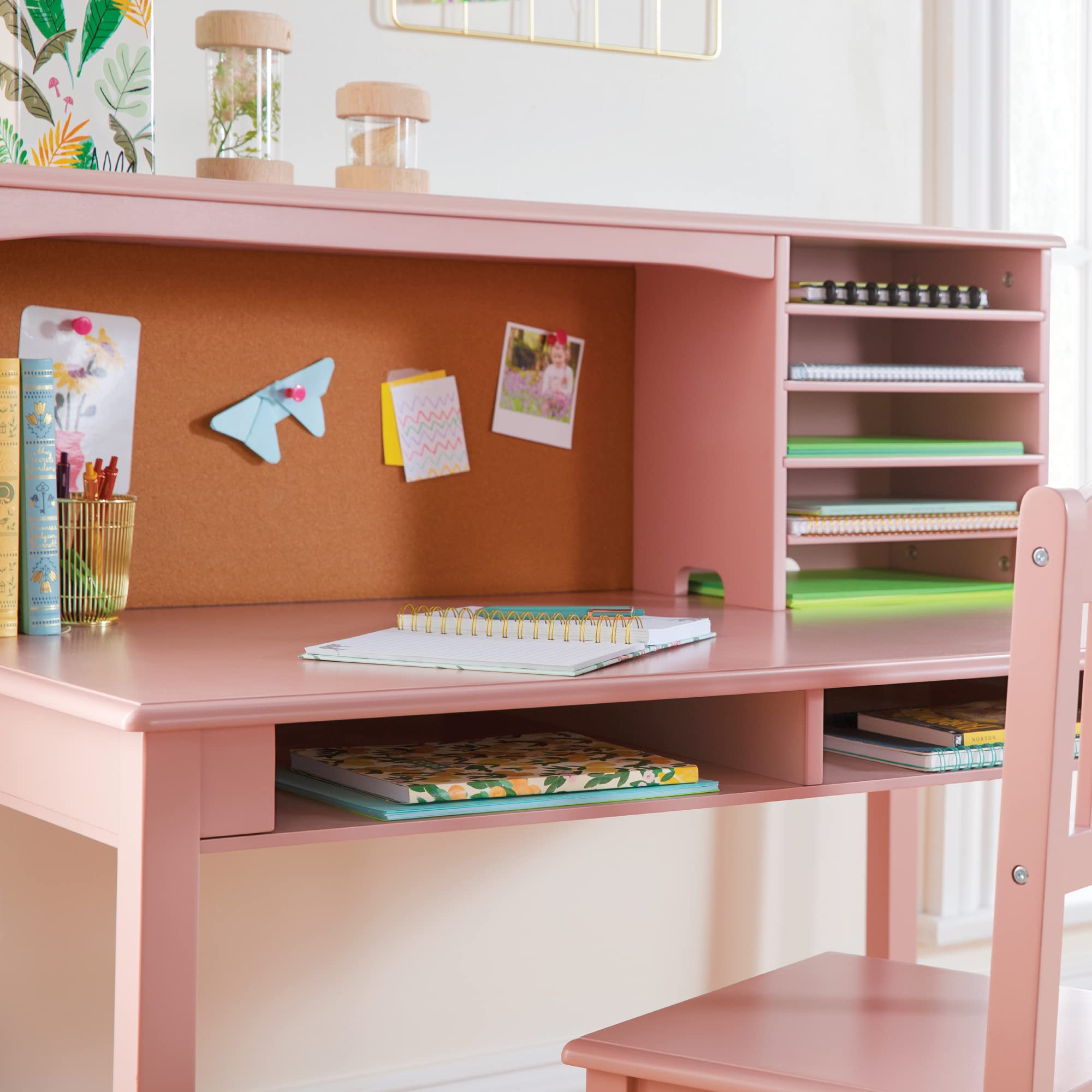 Guidecraft Kids Media Desk with Hutch and Chair Set - Pink | Wooden Study Desk with Storage Shelves & Corkboard | Girls Bedroom Furniture for Homework & Computer Use