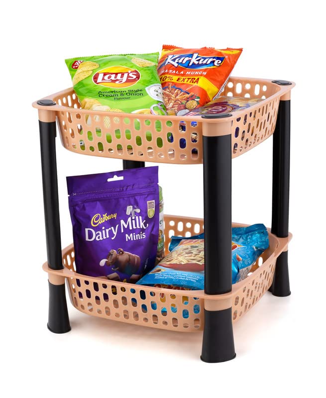 Finner Square 2-Tier Sliding Shelf Organizer - Space Saving Kitchen & Office Storage Rack for Fruits, Vegetables, Books & Supplies - Easy-to-Move Beige Basket Stand - Perfect for Pantry, Countertop & Workspace Organization
