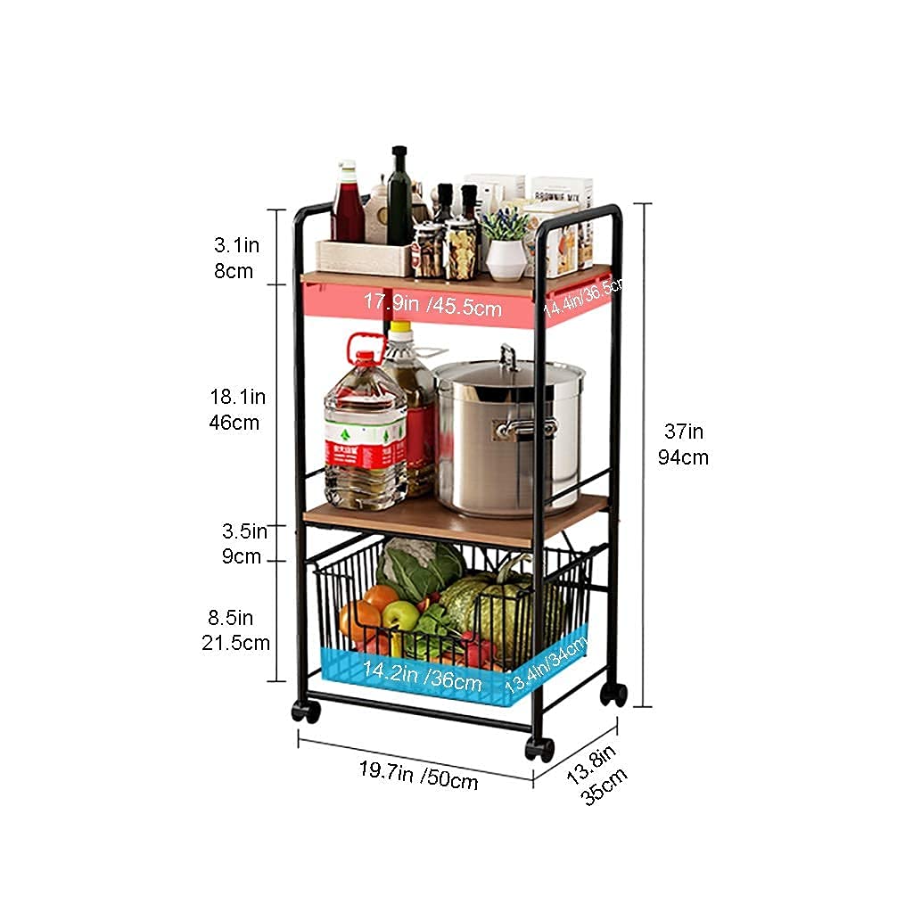 3-Tier Rolling Kitchen Baker’s Rack with Microwave Stand & Storage Drawer | Heavy Duty Wire Shelf Organizer for Spices, Cookware & Small Appliances | Perfect for Small Kitchens, Pantry Organization & Baking Workstations