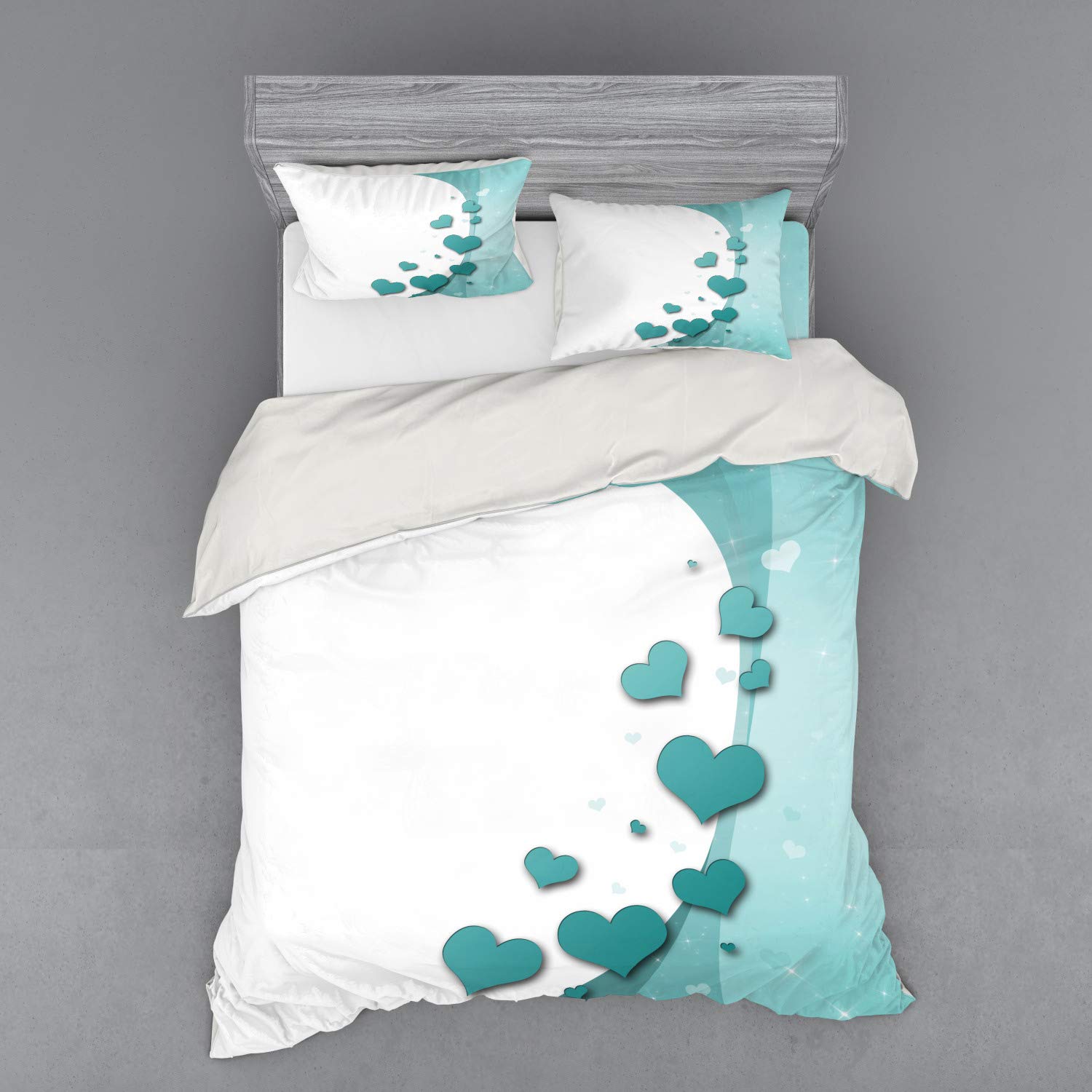Ambesonne Turquoise 4-Piece Queen Duvet Cover Set with Shams & Fitted Sheet - Valentine's Day Romantic Heart Star Wedding Theme Bedding in Teal White - Perfect for Couples, Anniversary Gifts & Master Bedroom Decor