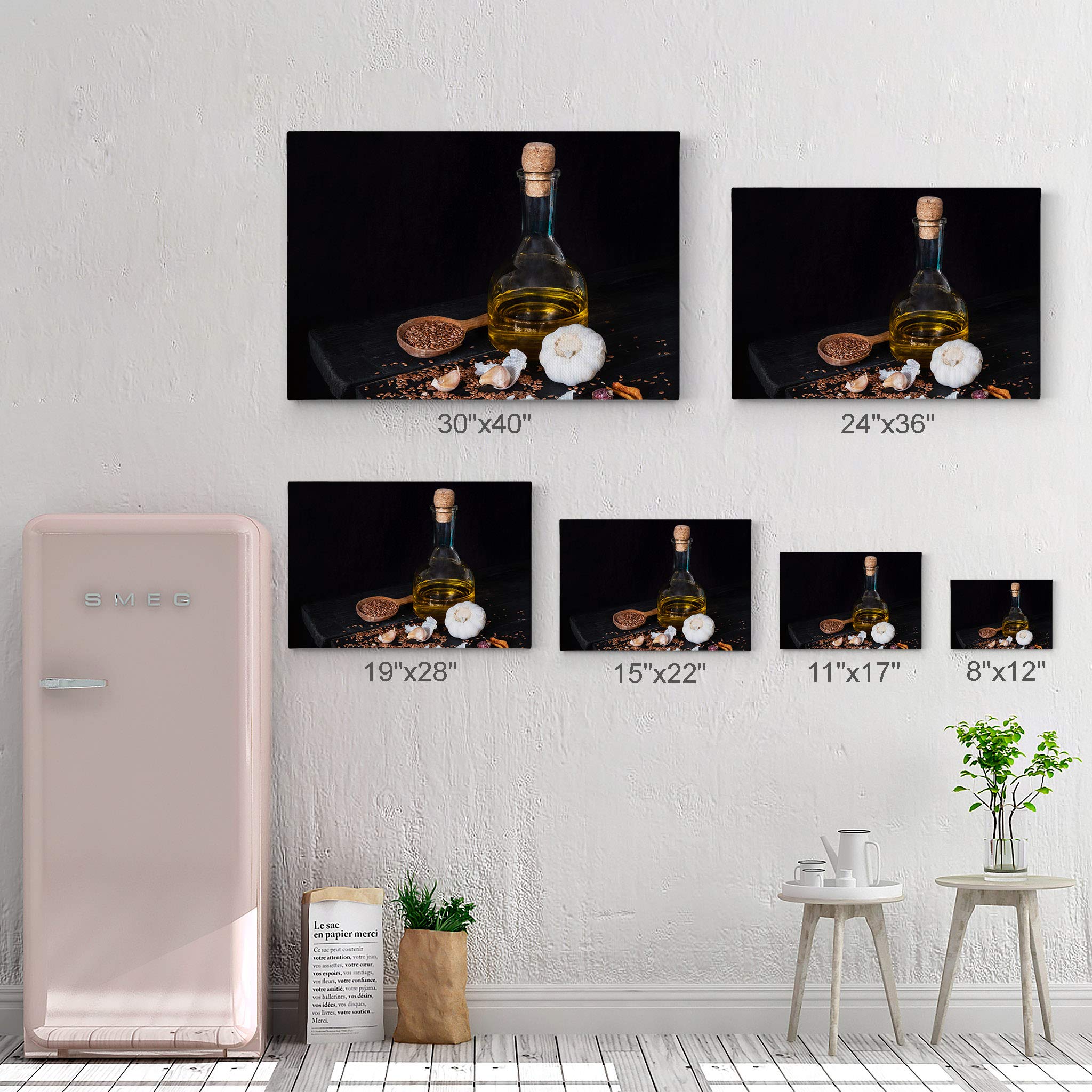 Olive Oil Garlic & Sesame Seeds Kitchen Canvas Wall Art Print - Modern Farmhouse Decor for Restaurant, Cafe & Dining Room - Housewarming Gift (30x40 Inch, Ready to Hang) - Perfect for Italian & Mediterranean Kitchen Decor