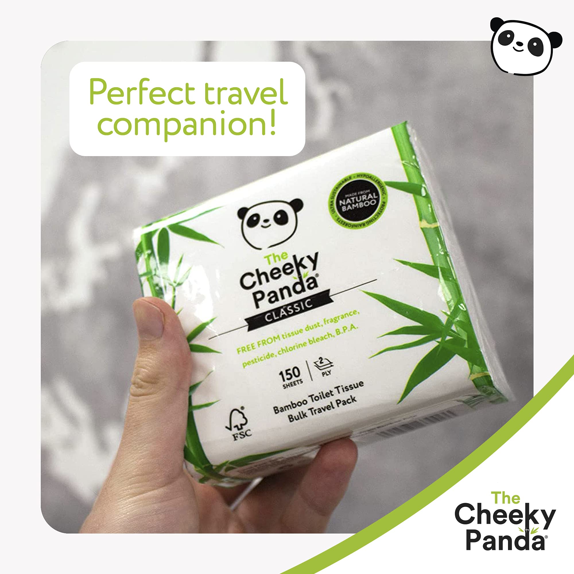 The Cheeky Panda Bamboo Travel Tissues | 150 Soft & Sustainable Bamboo Tissues in Flat Pack | Eco-Friendly, Strong & Hypoallergenic | Perfect for Travel, Camping, Festivals & On-the-Go Use