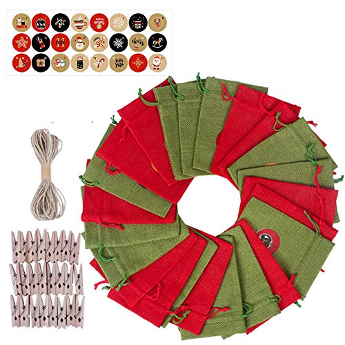 24-Piece Christmas Countdown Calendar Bags with Wooden Clips - Burlap Advent Calendar Garland for Candy & Gifts - Holiday Xmas Party Decor for Home, Office, Tree & Fireplace Mantel