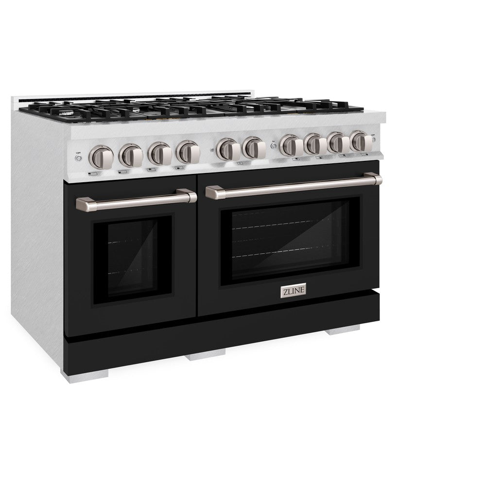 ZLINE 48-Inch 6.7 cu. ft. Professional Double Oven Gas Range with 8 Burner Cooktop - Satin Stainless Steel & Black Matte Doors (HGRS BLM 48) - Perfect for Large Kitchens, Home Chefs & Entertaining