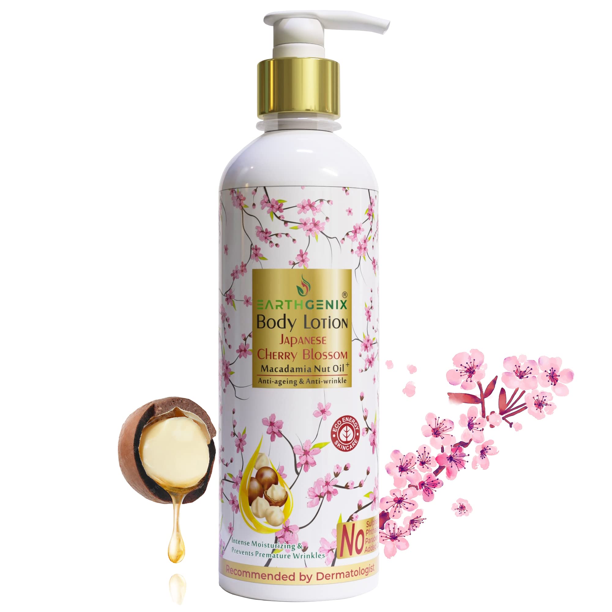 Earthgenix Japanese Cherry Blossom & Macadamia Nut Oil Body Lotion 500ml - Anti-Aging, Anti-Wrinkle Moisturizer for All Skin Types | Women & Men | Perfect for Daily Hydration & Skin Repair