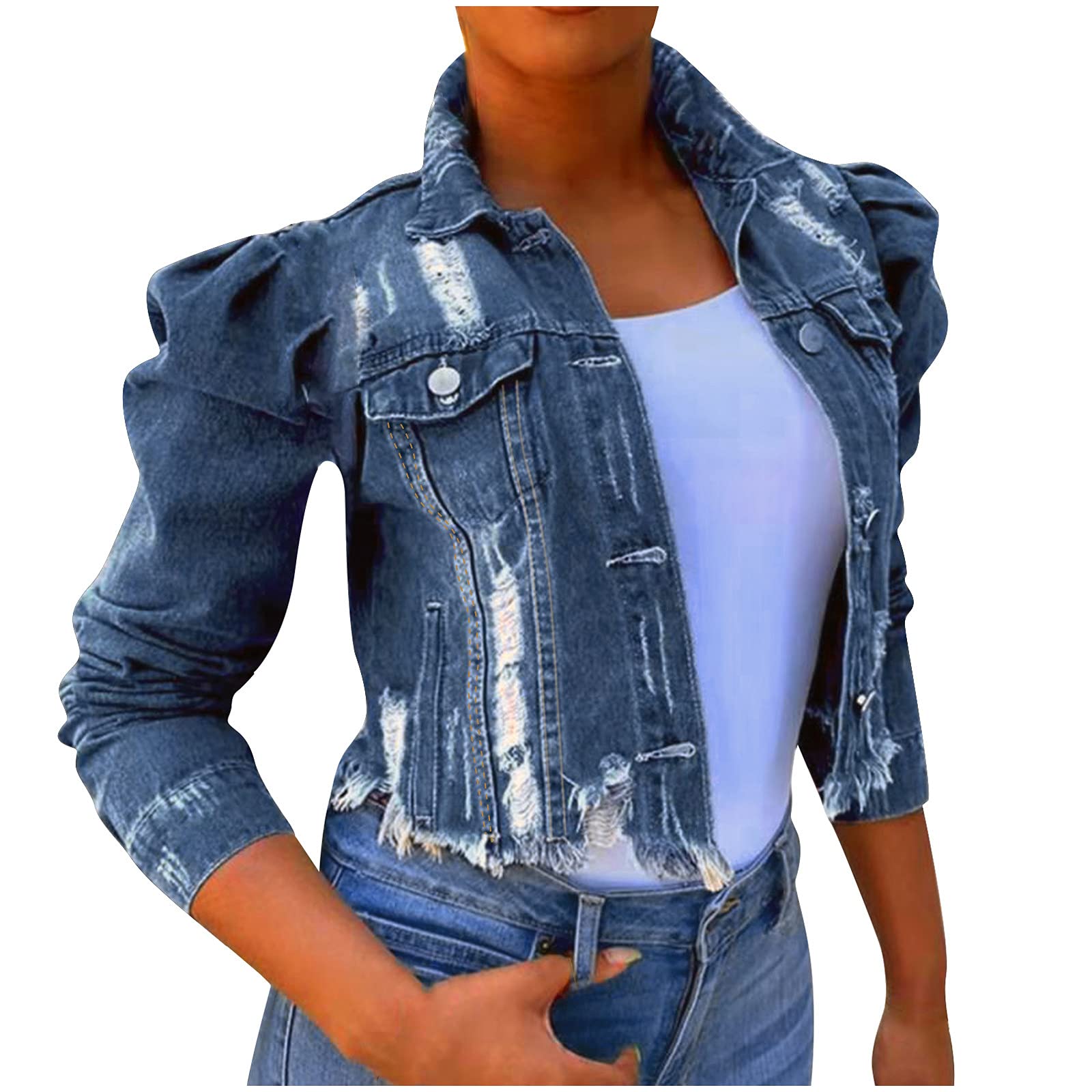 Vintage Distressed Denim Jacket for Women - Button Down Short Jean Coat with Pockets | Casual Outerwear for Everyday Wear, Layering & Street Style Fashion