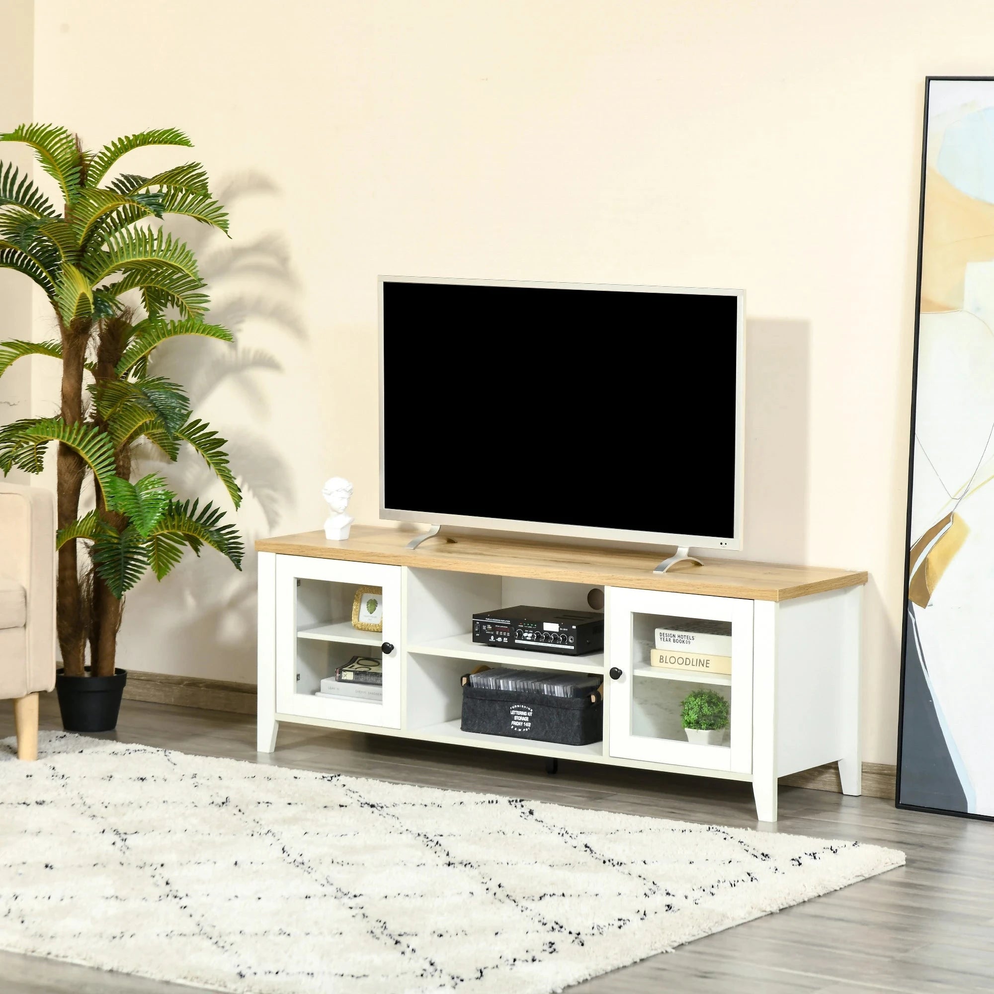 Modern TV Stand for Up to 60 Inch TVs - Sturdy Wooden Entertainment Center with Storage Shelf (Black/White/Walnut) - Perfect for Living Room, Bedroom & Home Theater Setup