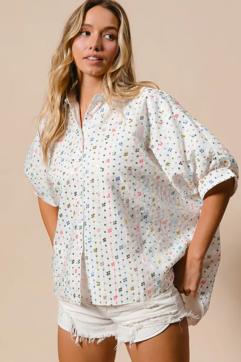 BiBi Sequin Striped Short Dolman Sleeve Blouse for Women | Trendy Party & Evening Wear | Elegant Casual Top for Club, Date Night & Special Occasions