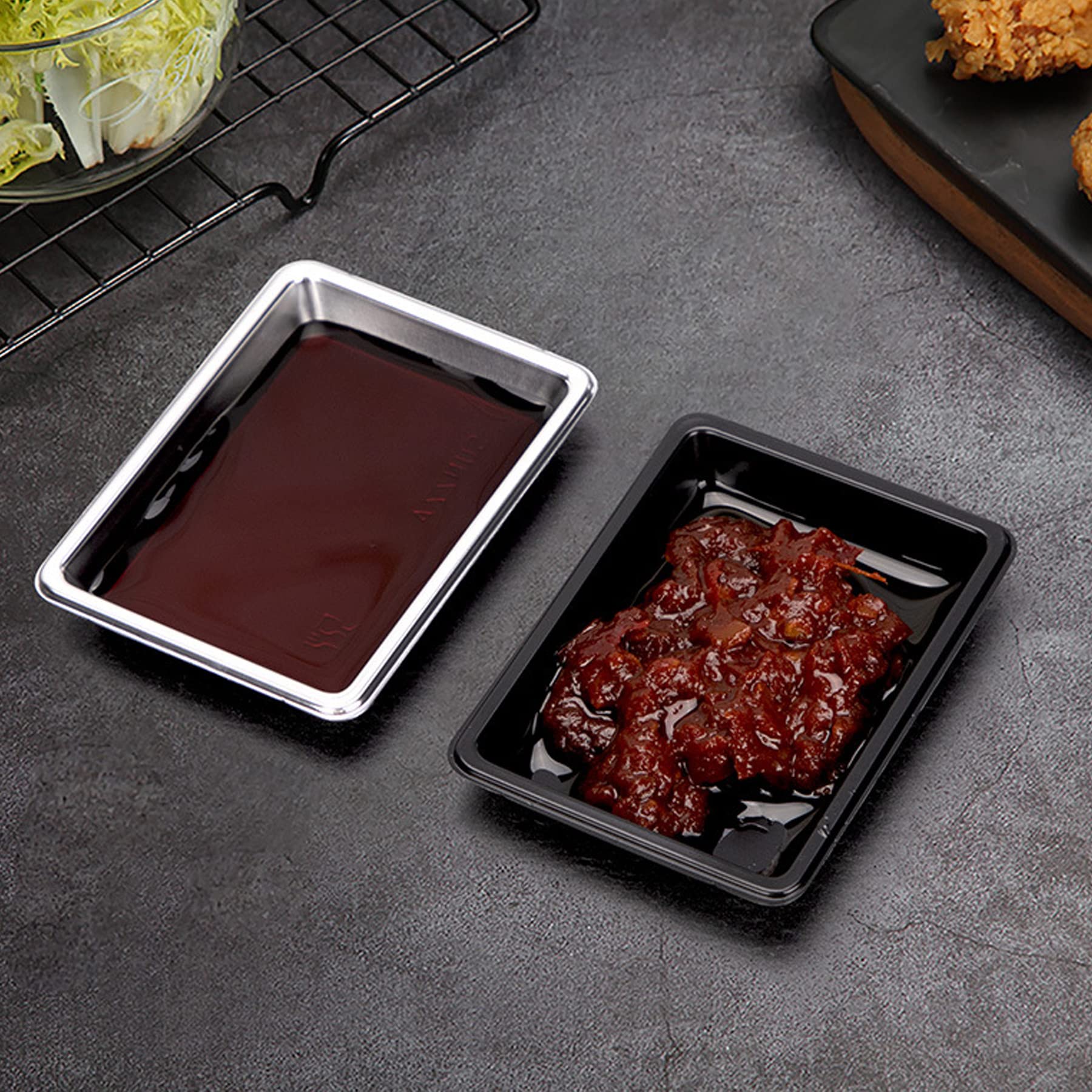 QJFCare 100Pcs Black Disposable Rectangle Sauce Dishes - Mini Dipping Plates for Dessert, Soup, Soy Sauce & Seasoning | Perfect for Home, Restaurants, Parties & Catering Events